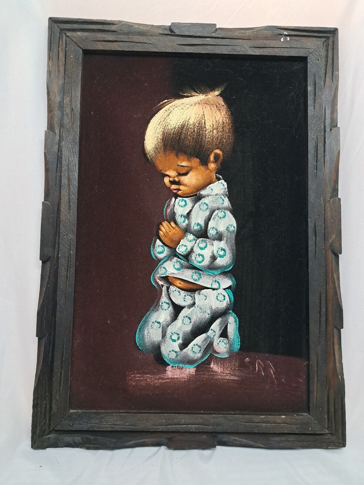 Vintage Black Velvet Painting Child Praying 1970s Wood Framed Signed