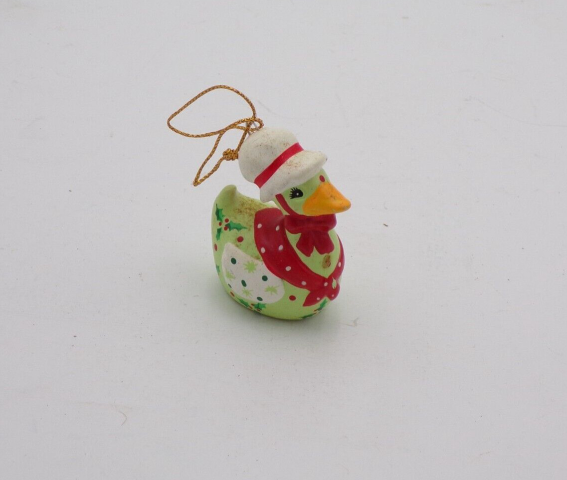 VTG Enesco Duck in Hat Holly berries polka dots Christmas Holiday Ornament 2\