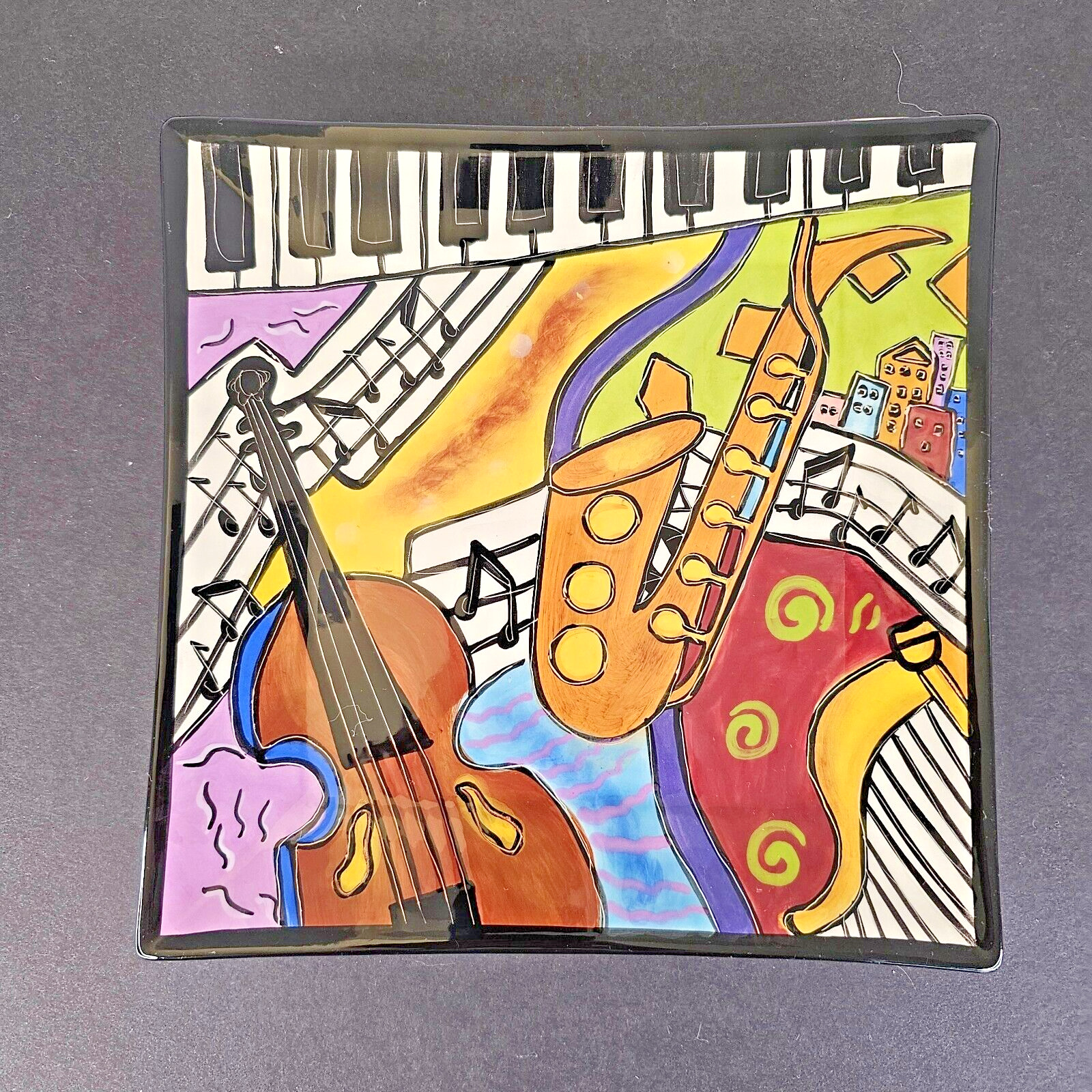 Rhapsody Cafe Musical Design Cello Violin Keyboard Notes Collectible Art Plates