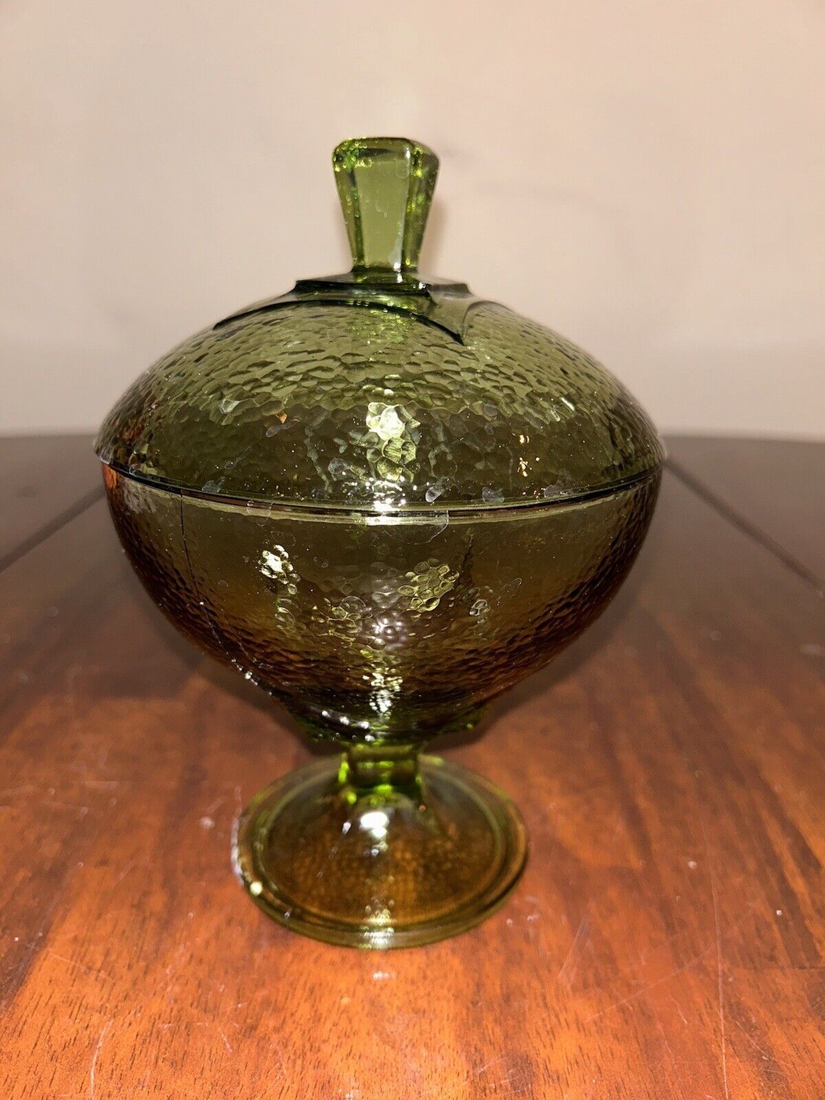 Hazel Atlas Pebbletone Green Candy Dish With Lid Glass Pedestal Jar Textured