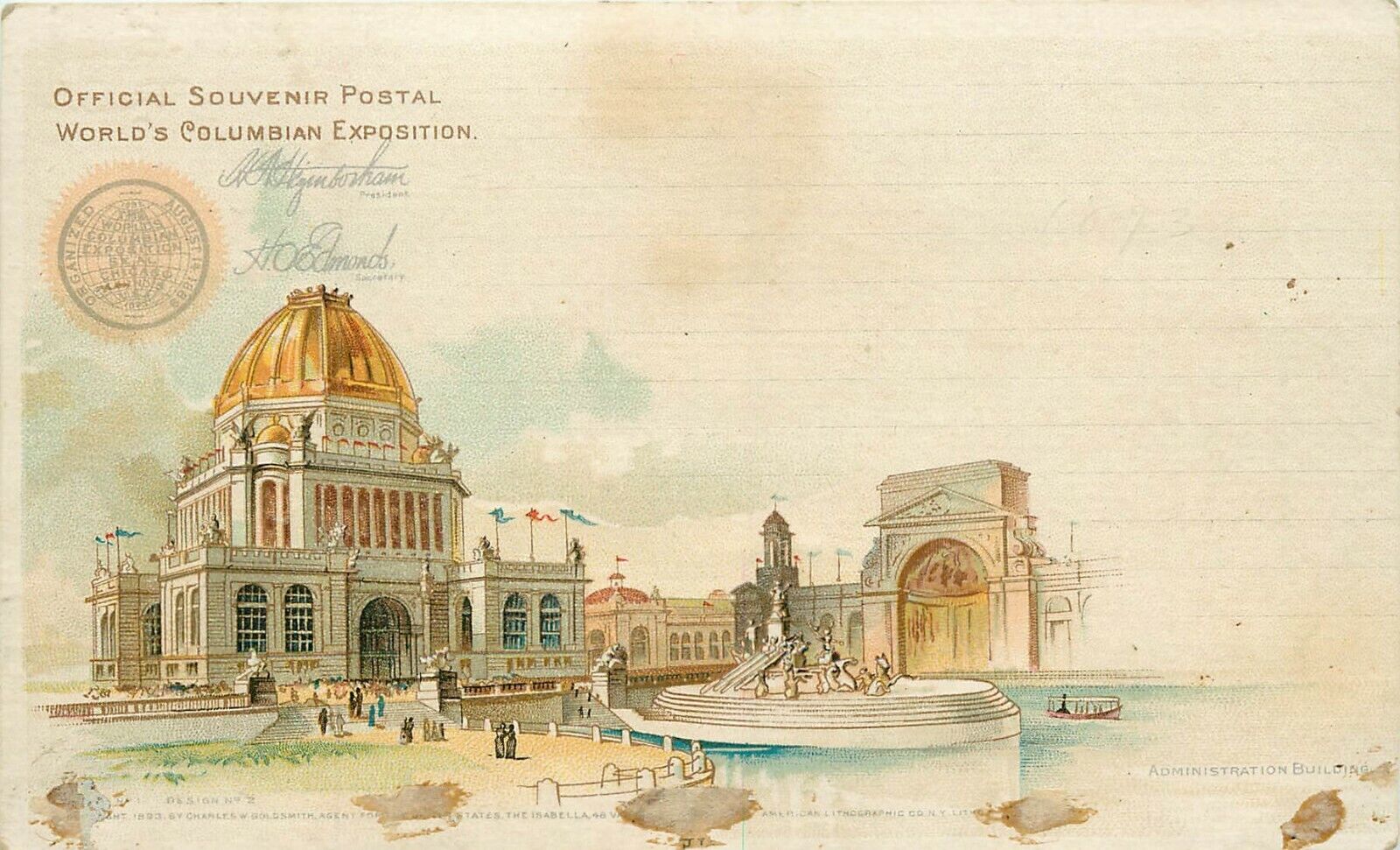 VIEW ADMINISTRATION BUILDING POSTAL CARD 1893 WORLDS COLUMBIAN EXPOSITION FAIR