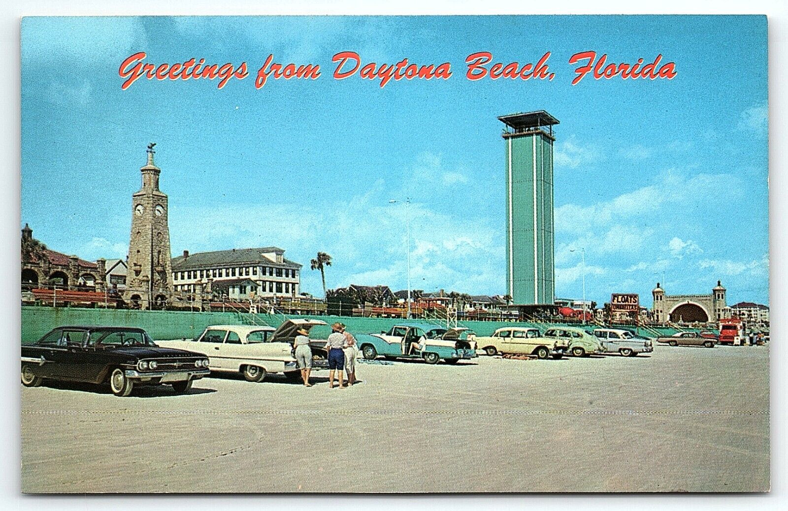 1950s DAYTONA BEACH FL CARS PARKED ON BEACH LOOKOUT TOWER POSTCARD P3775
