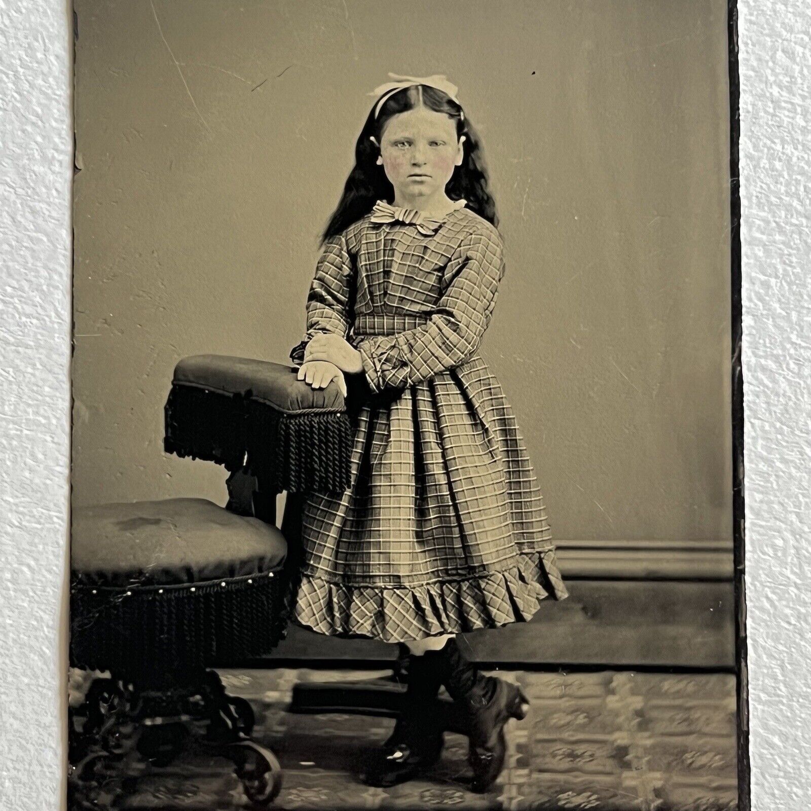 Antique Tintype Photograph Adorable Little Girl Photo Stand Great Plaid Dress