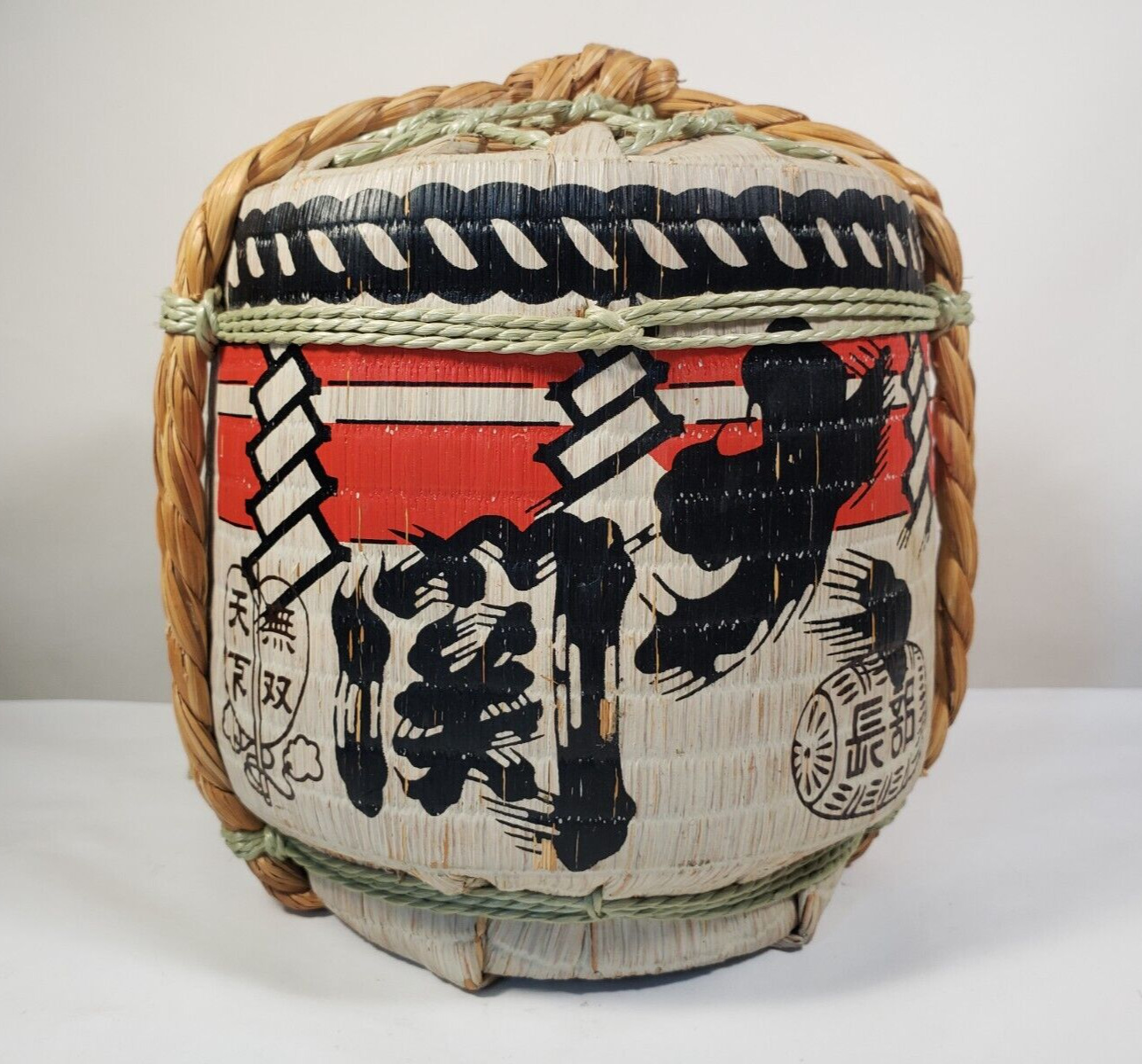 Vintage Japanese Sake Crock Barrel Jug Bamboo Reed Rope Cask Japan READ