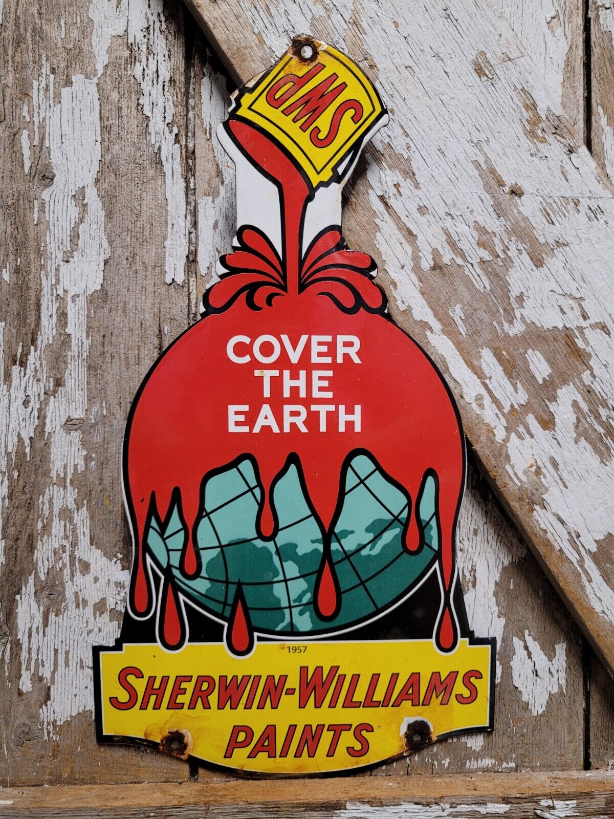 SHERWIN WILLIAMS VINTAGE PORCELAIN SIGN OLD HARDWARE PAINT CAN COVER THE EARTH