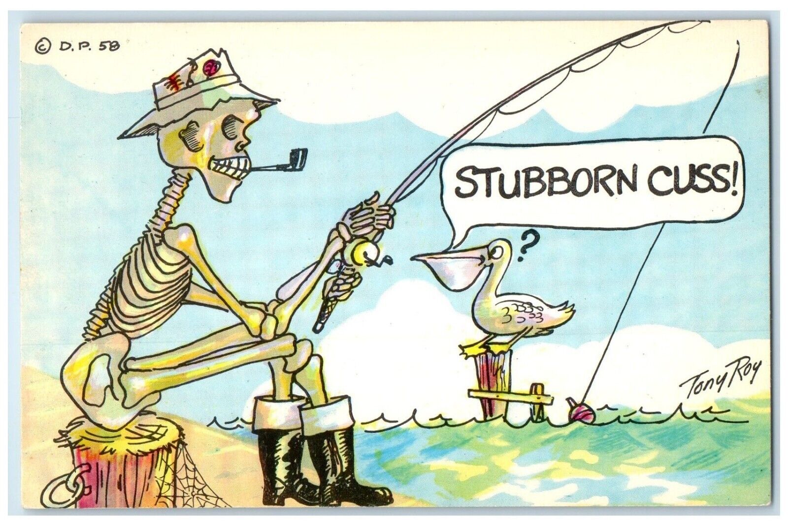 c1950's Skeleton Pipe Stubborn Cuss Duck Fishing Tony Roy Vintage Postcard