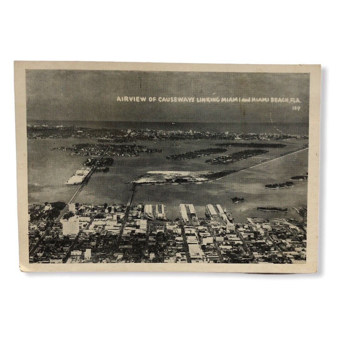 1950s Travel Souvenir B&W Photo Card Airview of Causeways Linking Miami Beach FL