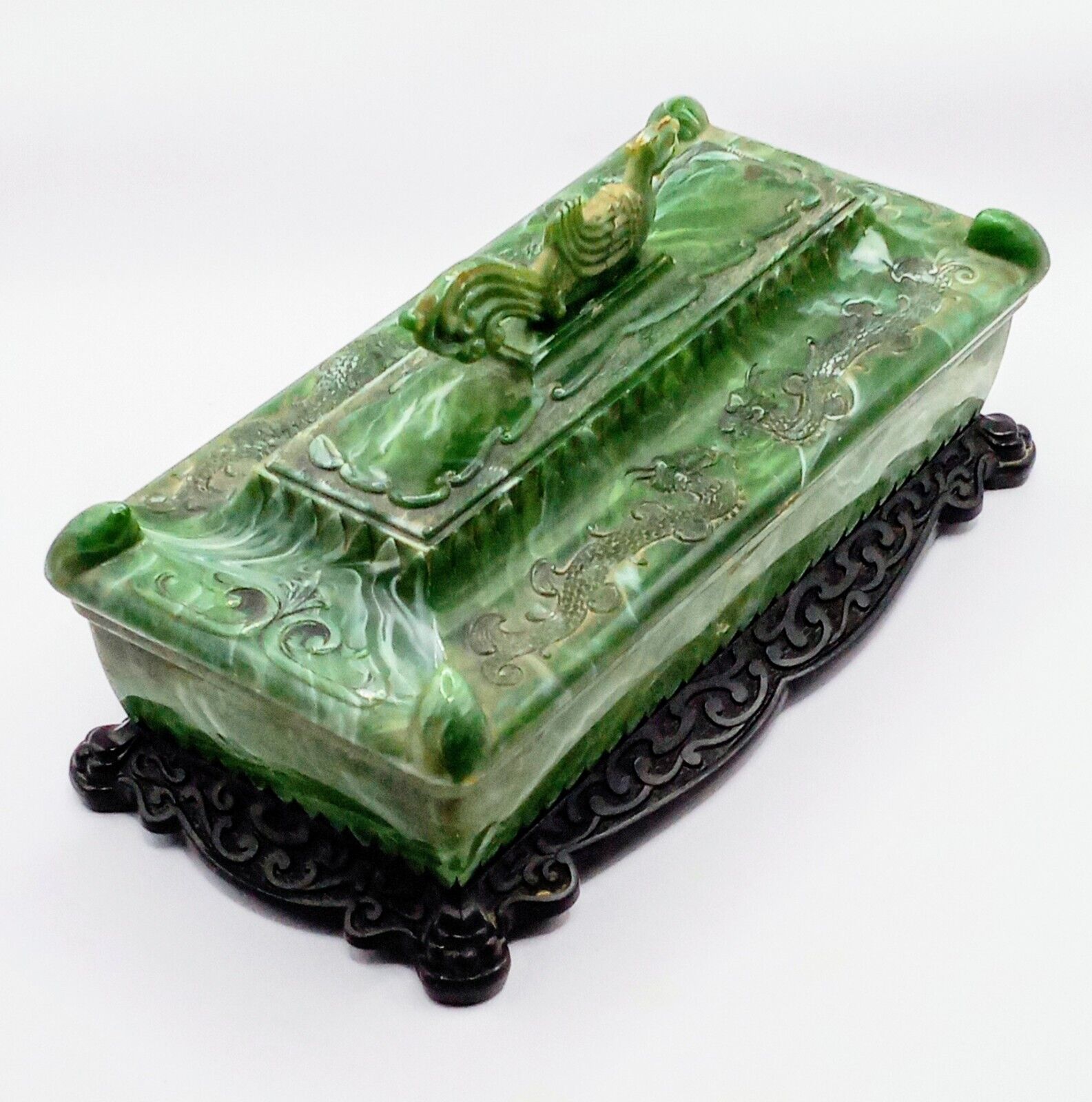 Vintage Green Plastic Marble Jewelry Weed Stash Casket Box With Dragons