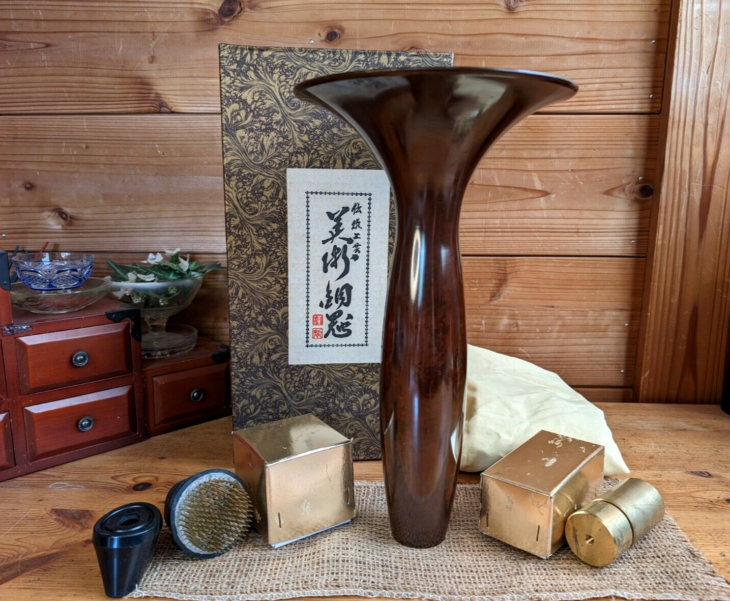 Japanese flower arrangement Vase Copper Trumpet shape Ikenobo Ikebana Kenzan
