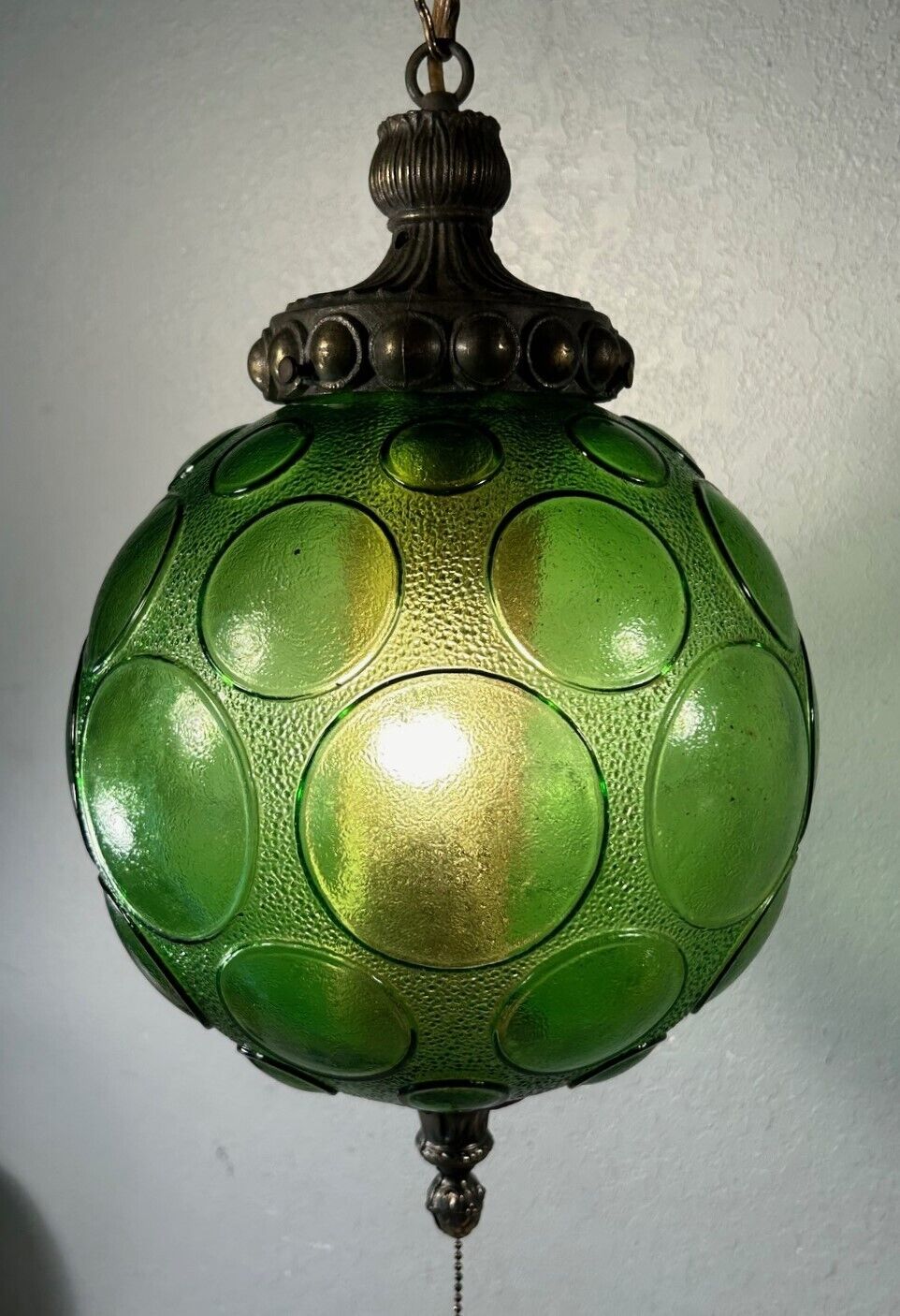 Vintage MCM Round Green Globe Hanging Swag Lamp w 12 foot Chain WORKS Great