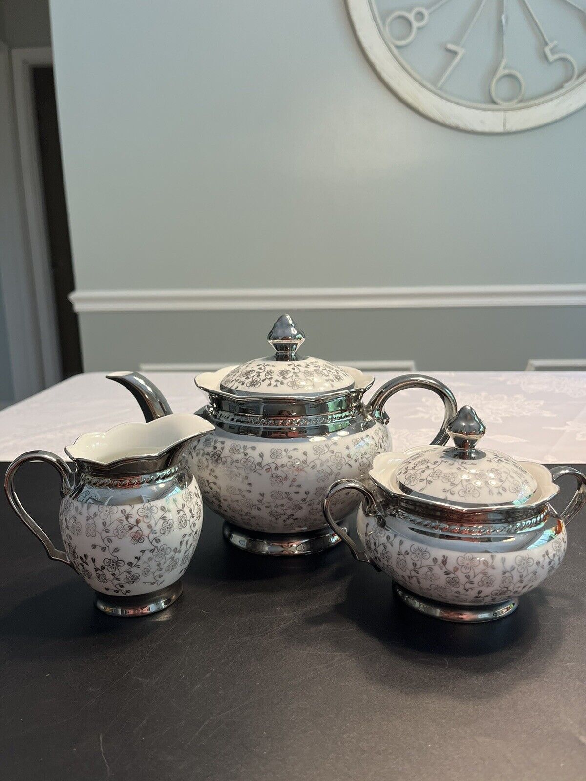 RARE - Vintage Seltmann Weiden Porcelain Teapot Sugar Cream Floral Silver Accent