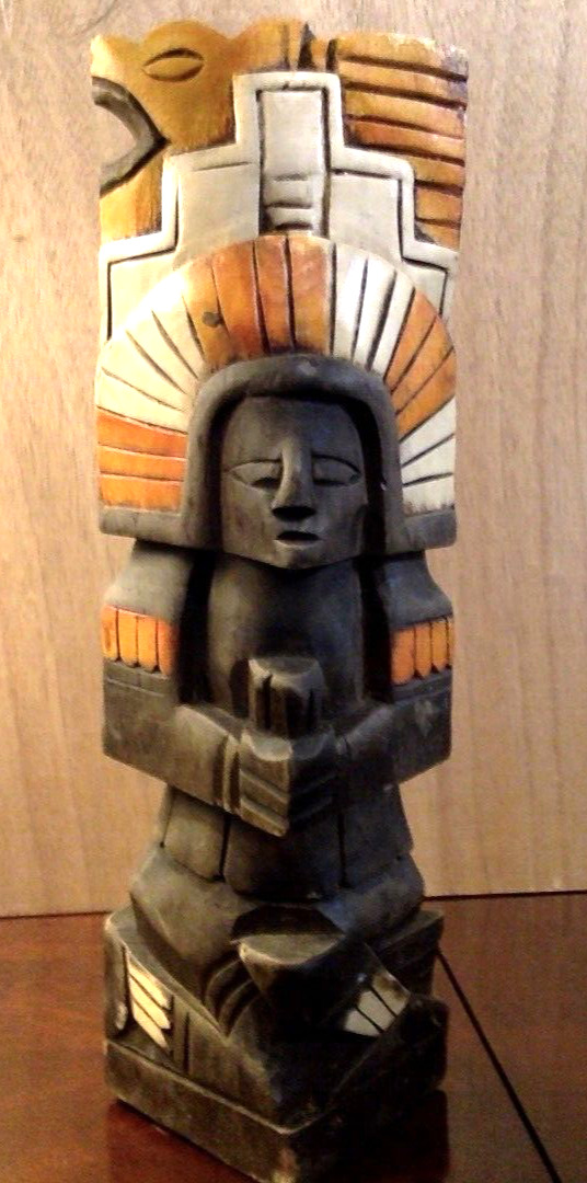 Vintage Hand Carved Painted Wooden Totem Mayan Aztec Tiki Statue 11\