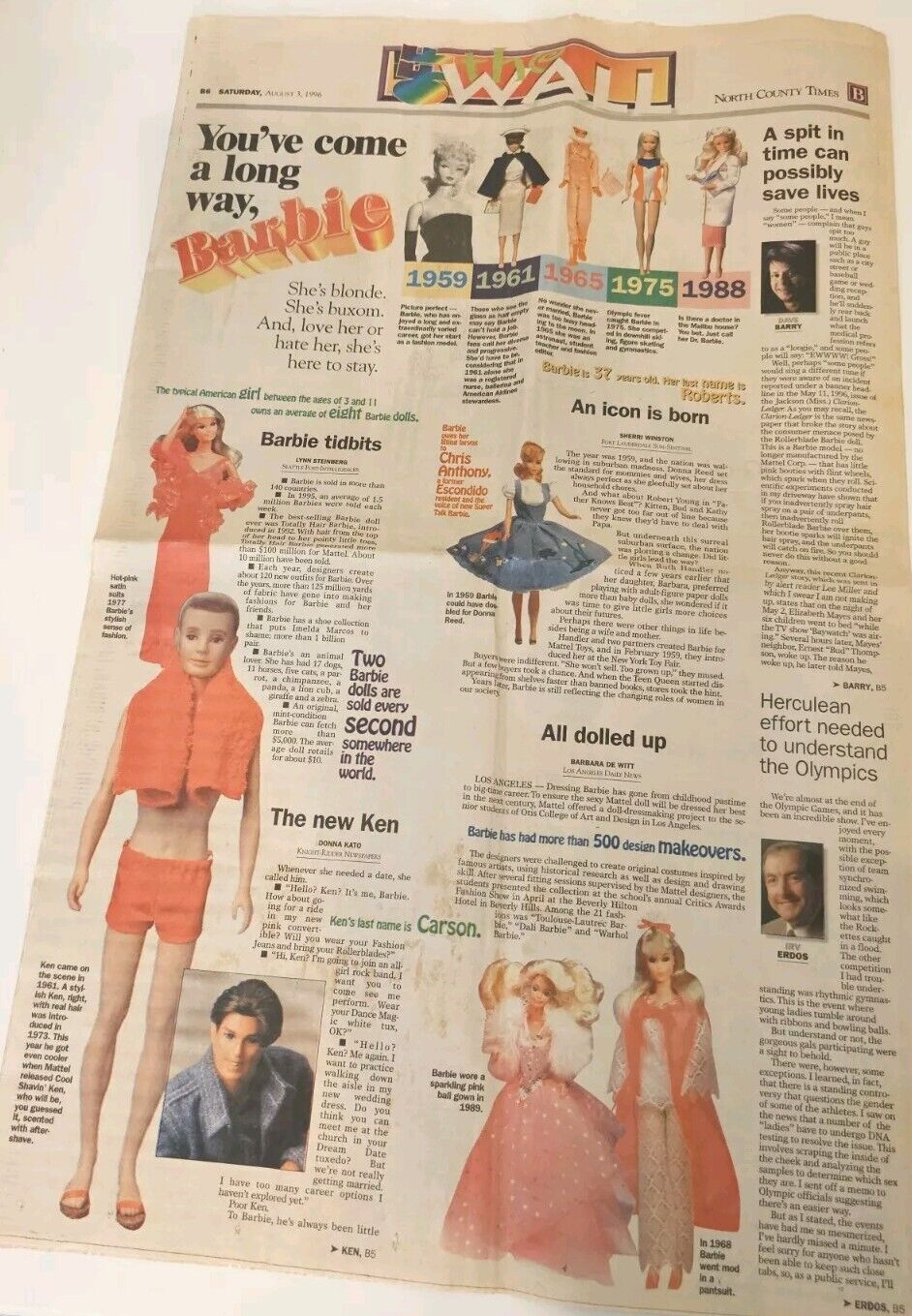 Vintage Barbie 1996 Newspaper Article - North County Times San Diego Local 