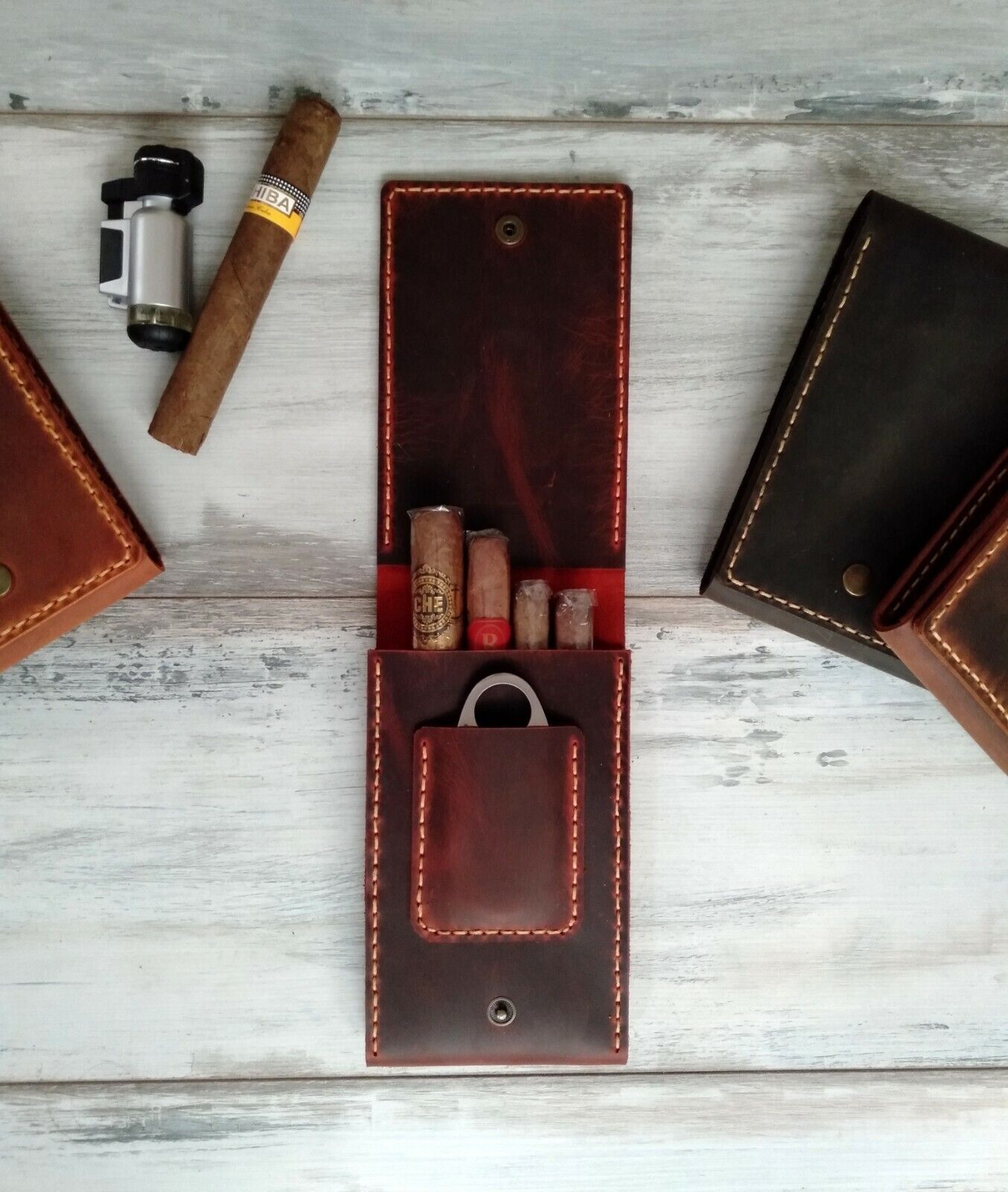 Rustic Leather Cigar Case Orange Leather Cigar Box Leather Cigar Pouch