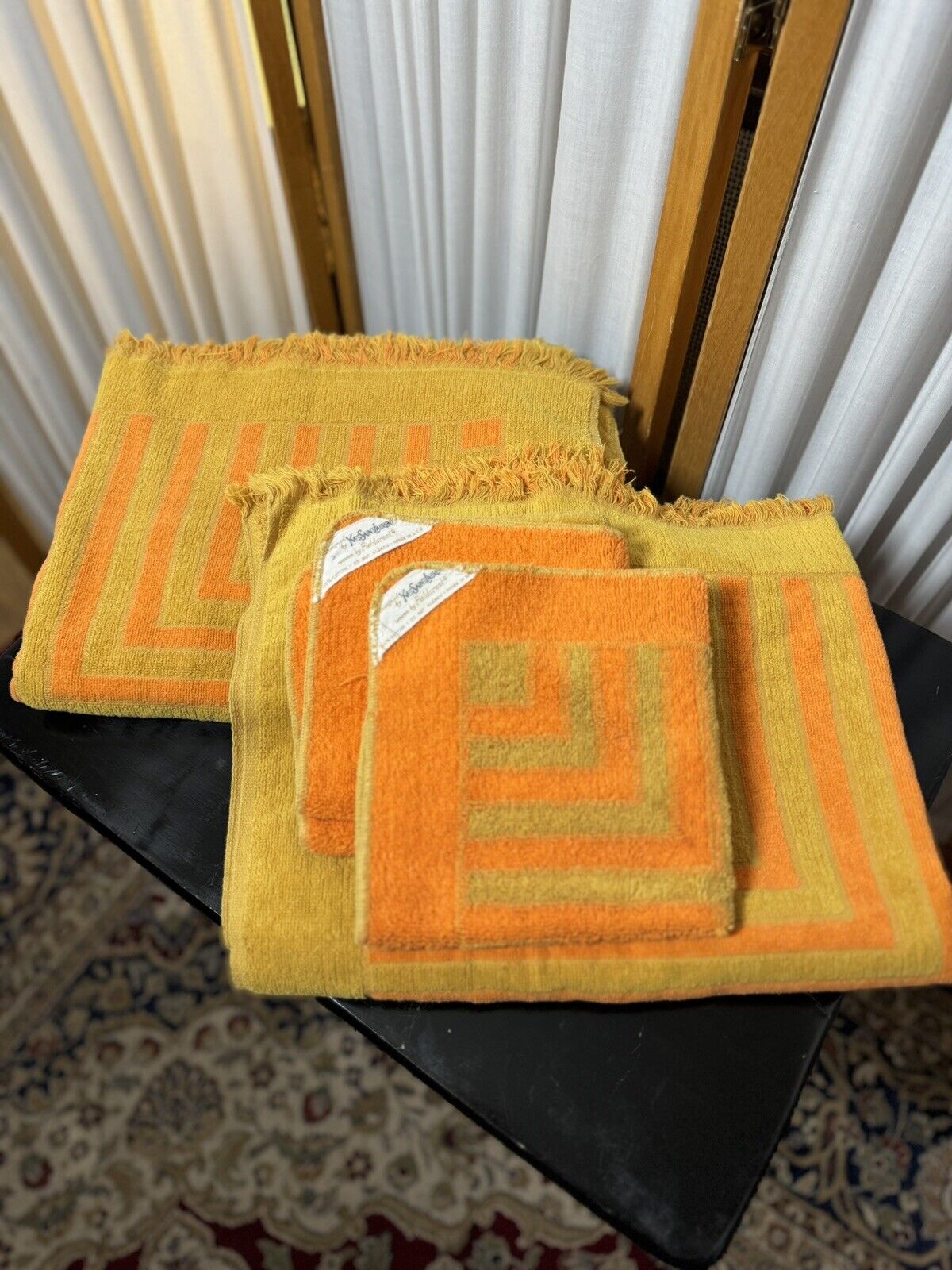 Vintage YSL Bath Towel Set, Yves Saint Laurent Mustard Yellow 2 Bath 2 Fingertip