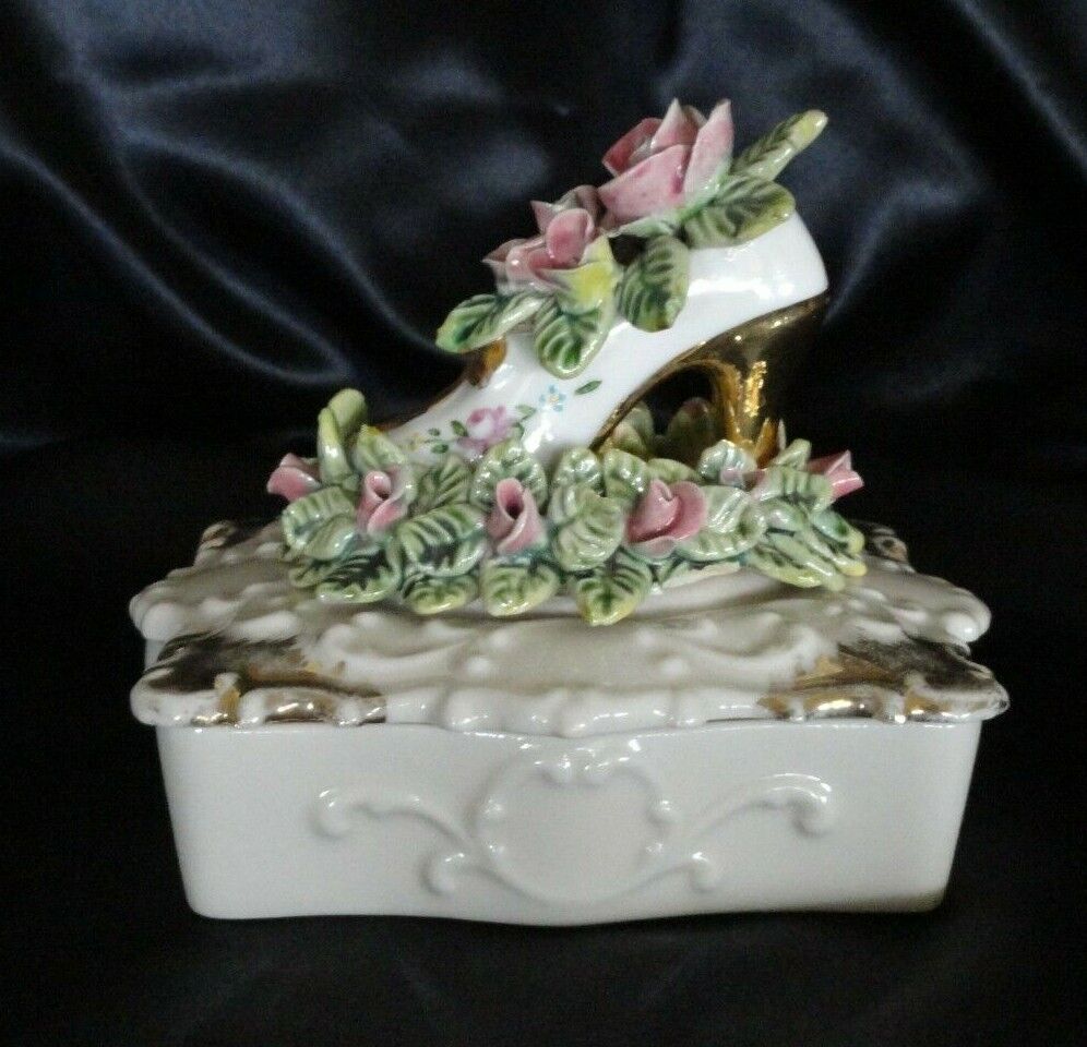 Vintage Fine China S TRINKET BOX Lady Shoe High Heel GOLD TRIM Slipper Roses 