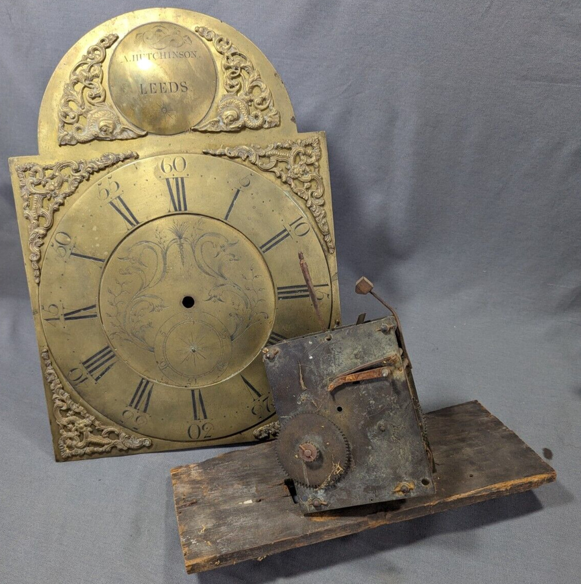 Rare 18th Century Brass Clock Face Dial A. Hutchinson LEEDS 1750-1780 Engraved