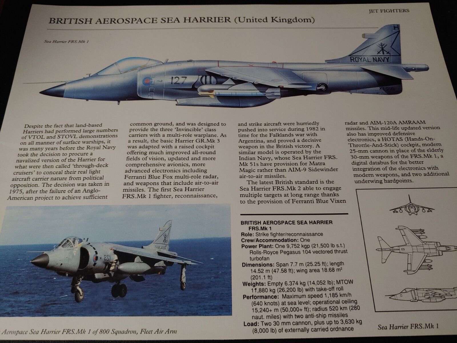 UNIQUE ~ British Aerospace Sea Harrier Military Aircraft Profile Data Print