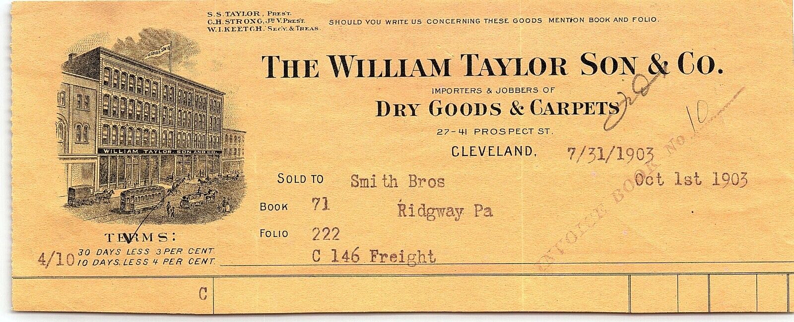 1903 THE WILLIAM TAYLOR SON & CO DRY GOODS & CARPETS CLEVELAND OH BILLHEAD Z5830