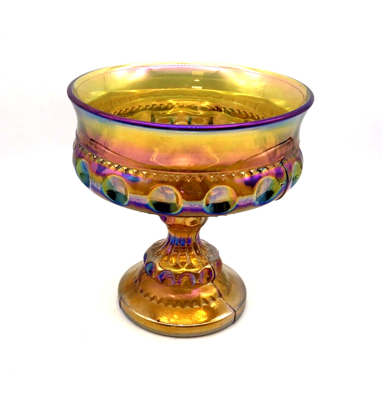 Indiana Carnival Glass Kings Crown Thumbprint Amber Compote Pedestal Candy Dish 