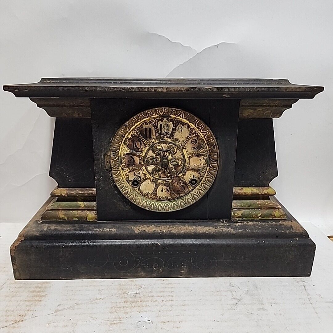 Antique FS Mechanical Windup Spooky Wood Mantle Clock Black Etched Mossy Oak