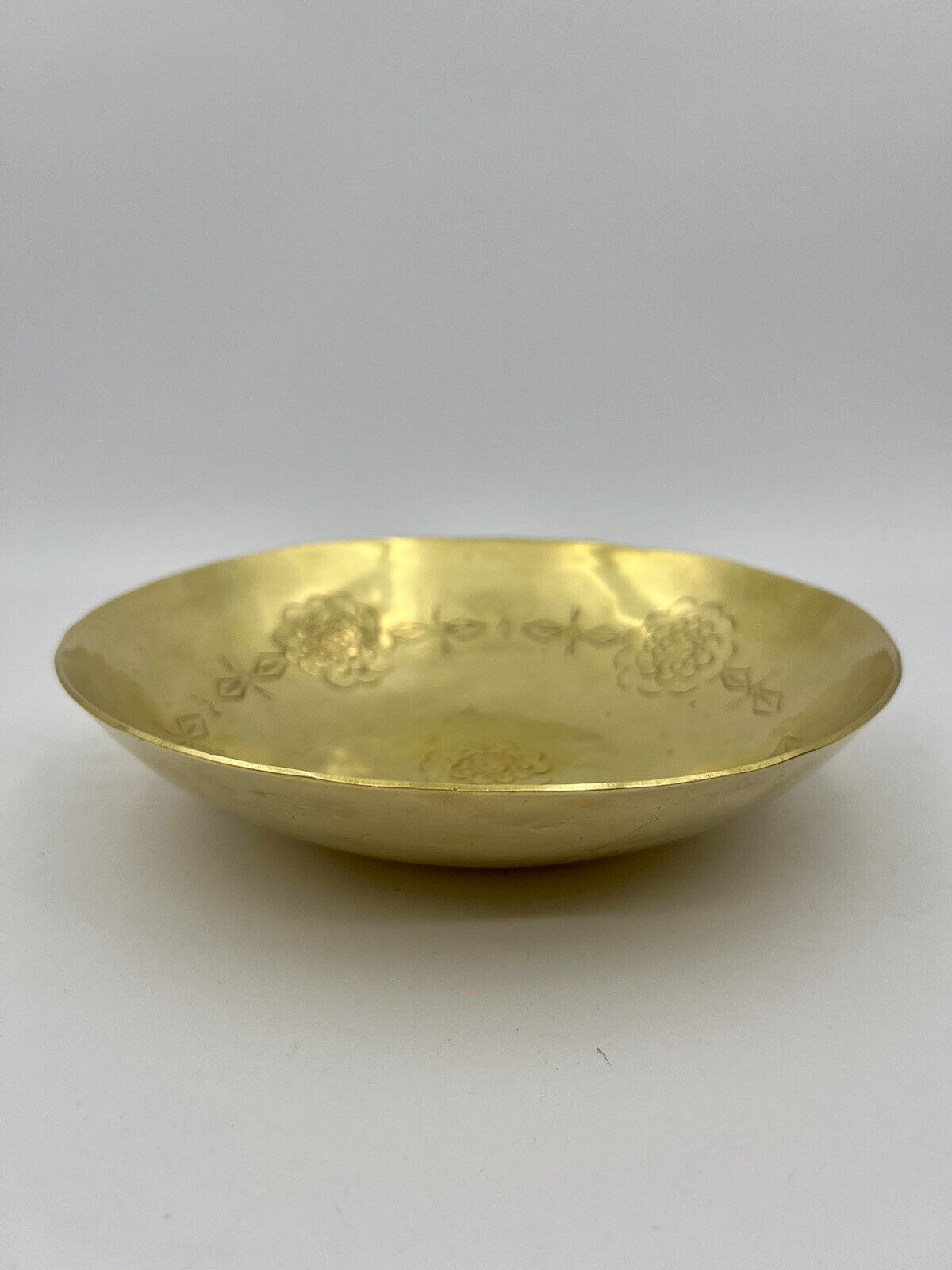 Vintage Solid Brass Shallow Engraved Etched Floral Design Asian Bowl  8”
