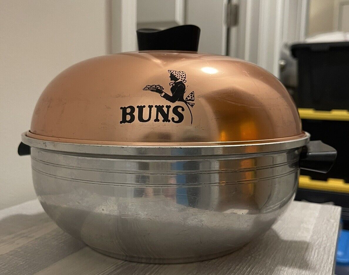 Vintage West Bend Aluminum Bun Warmer Serving Oven Bread Warmer Copper Lid 1965