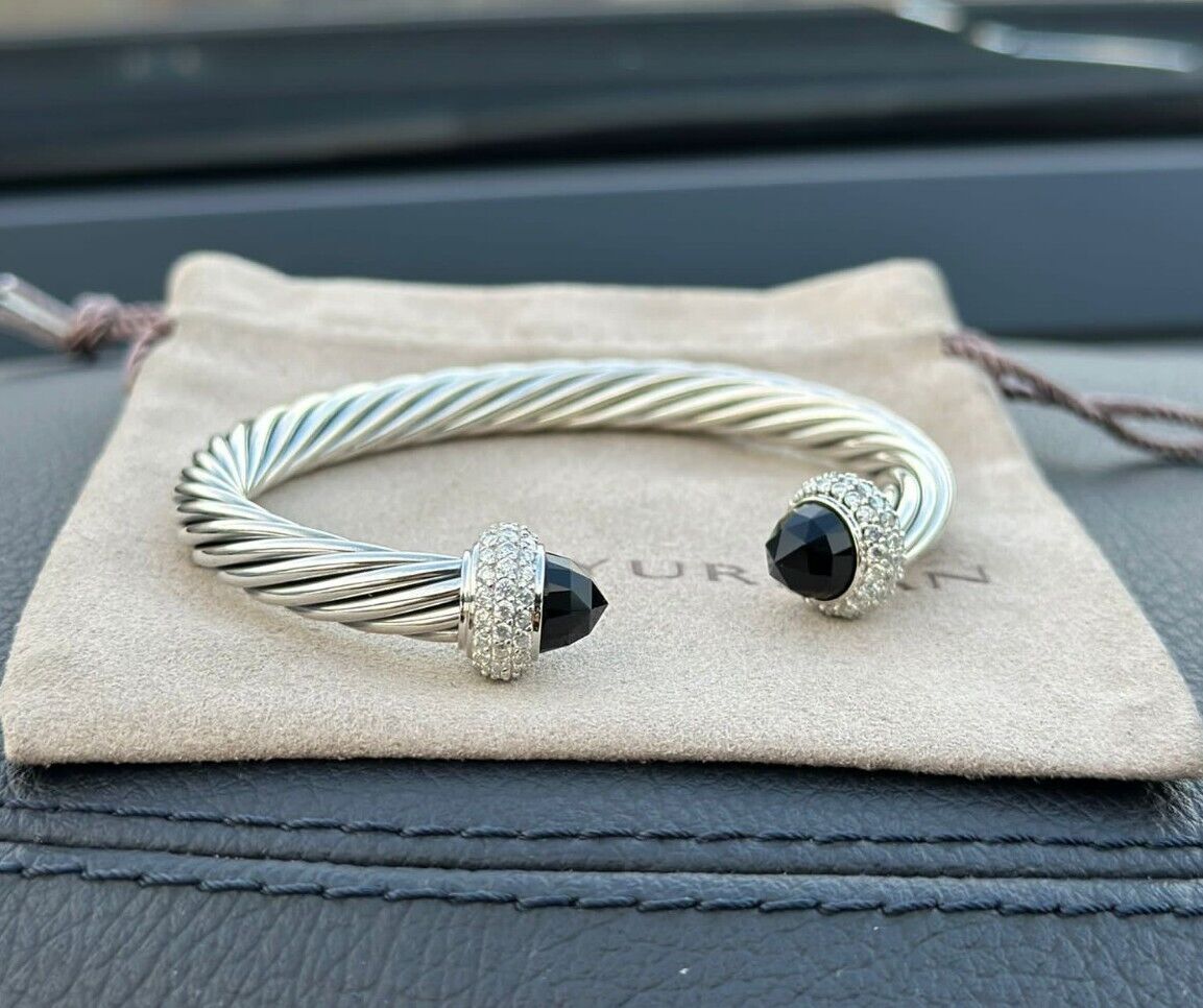 David Yurman 7mm Cable Candy Bracelet & 925 Silver Black Onyx & Diamond M