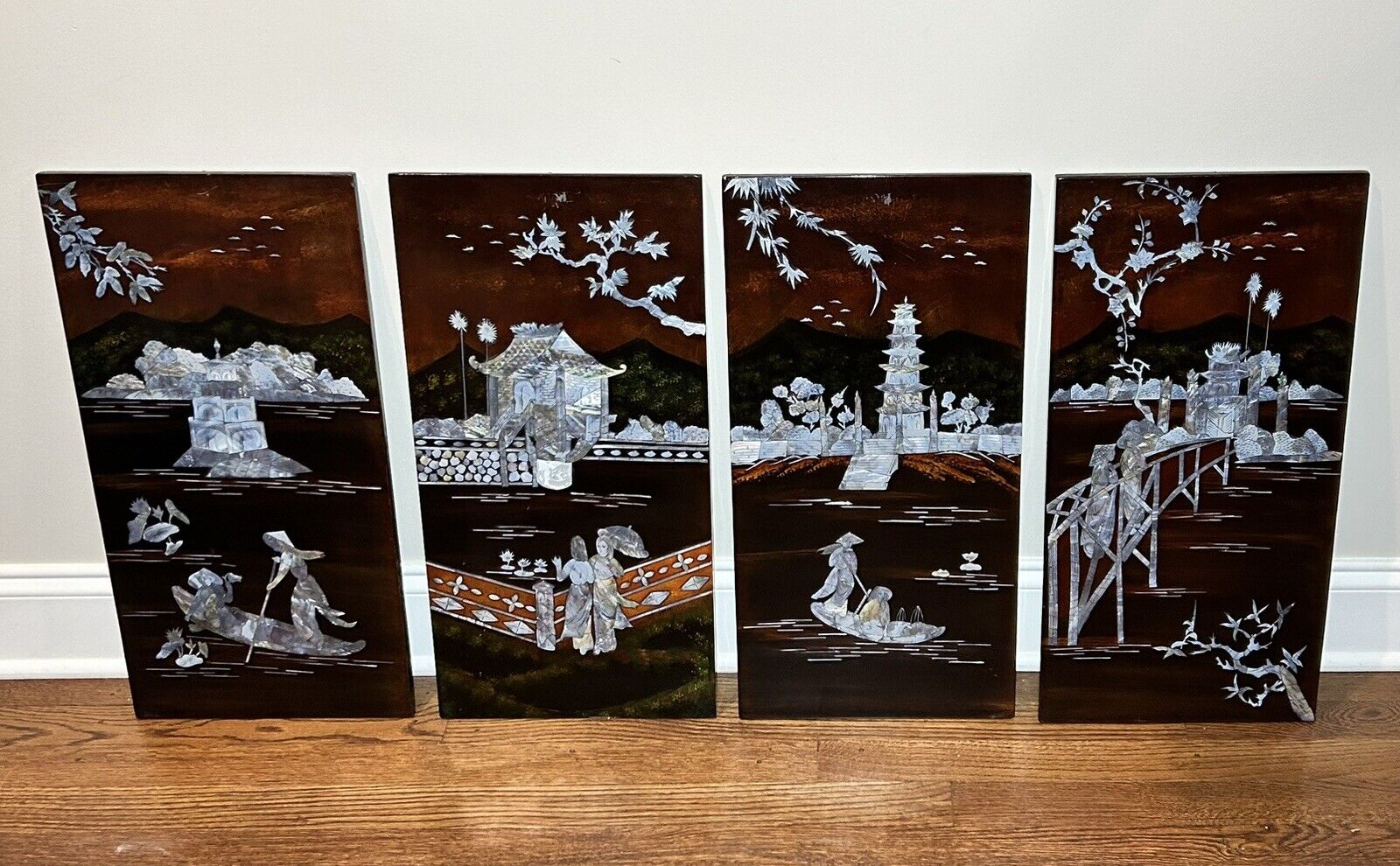 4 Vintage Asian Oriental Mother of Pearl Black Lacquer Wall Art Plaque Panels 