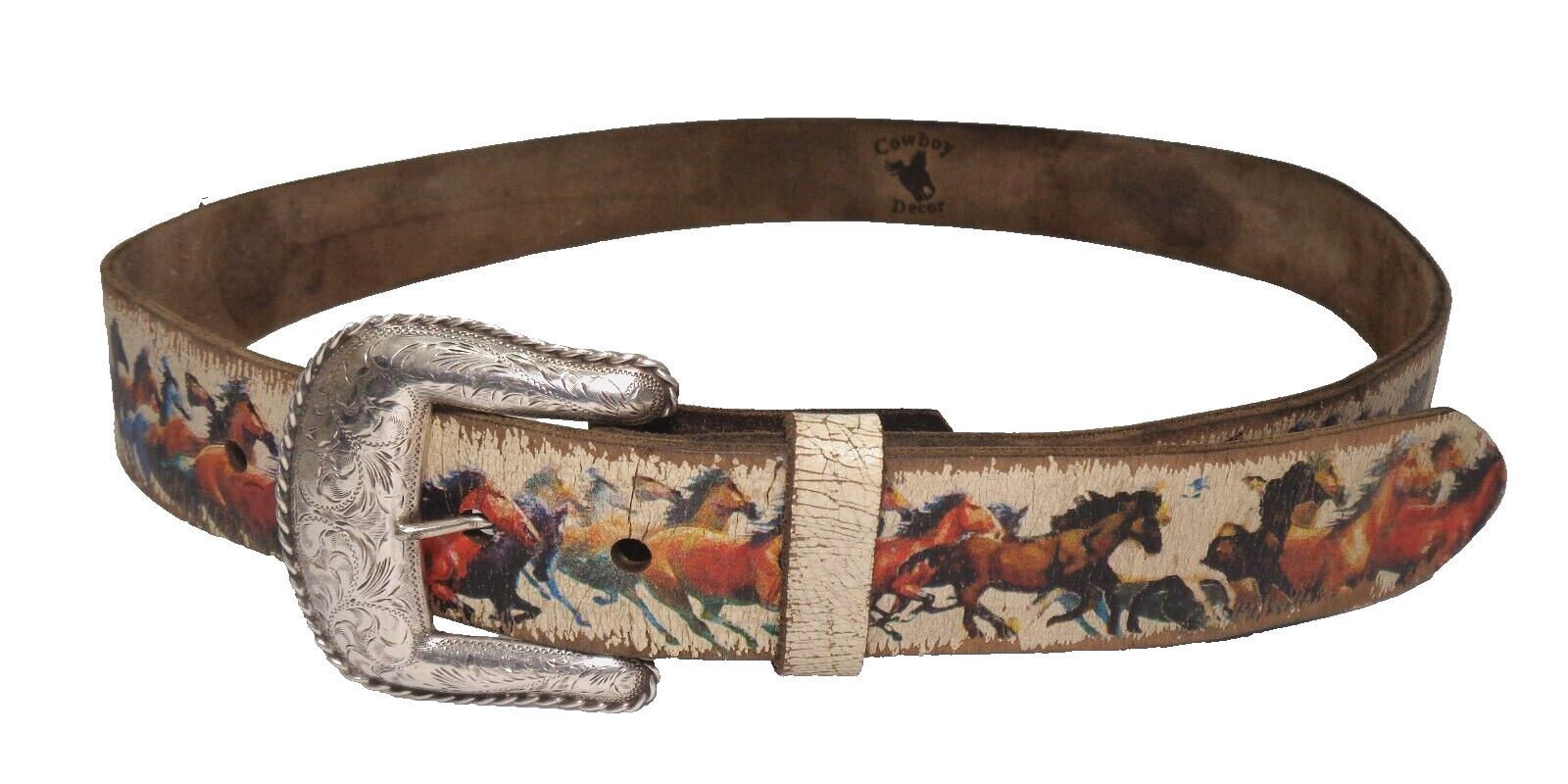 Cowboy Decor VTG Graphic Leather Western Fritch Sterling Silver Buckle Belt 36