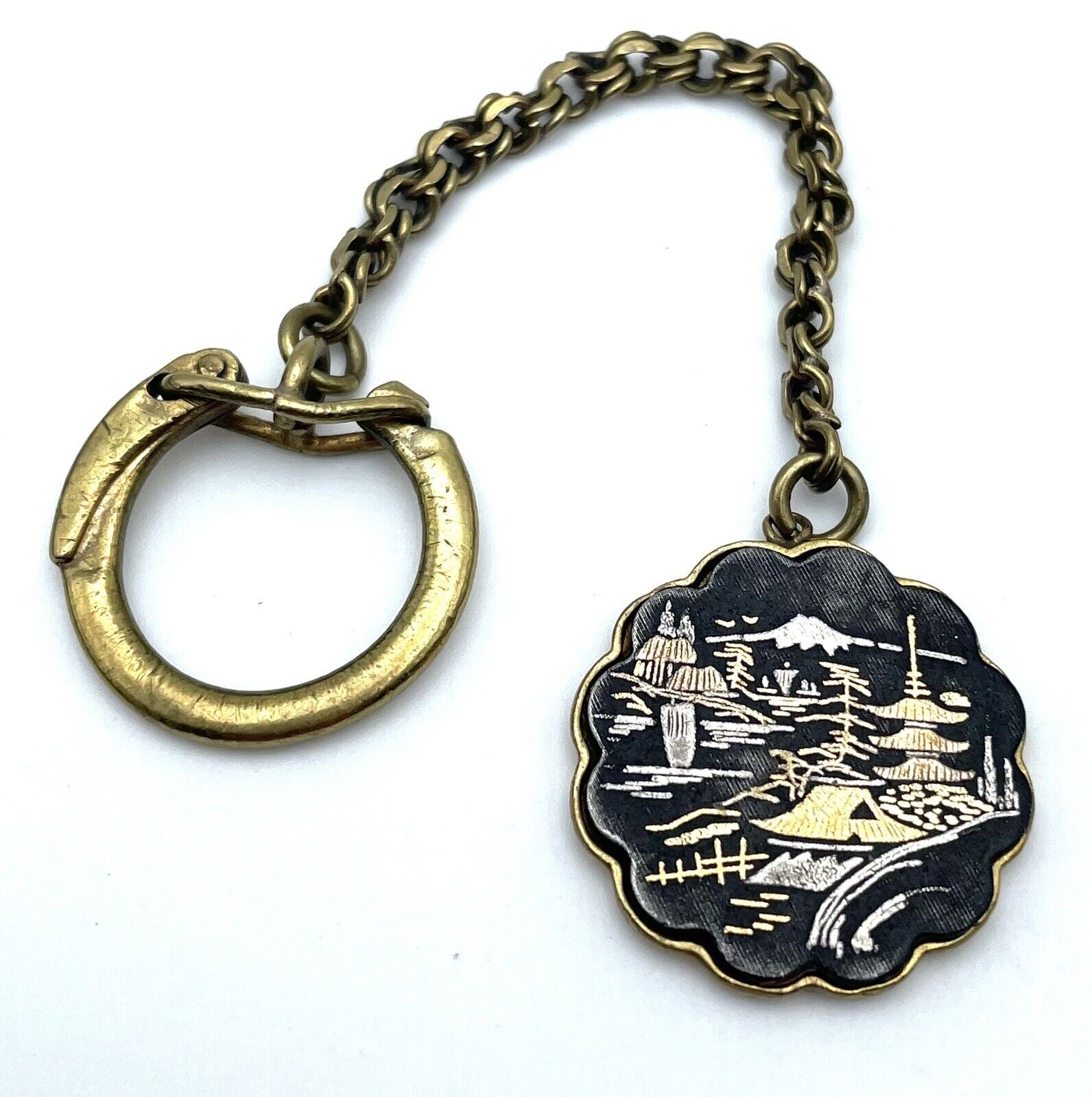 Vintage Amita Japan Damascene Keychain Scenic Japanese Design