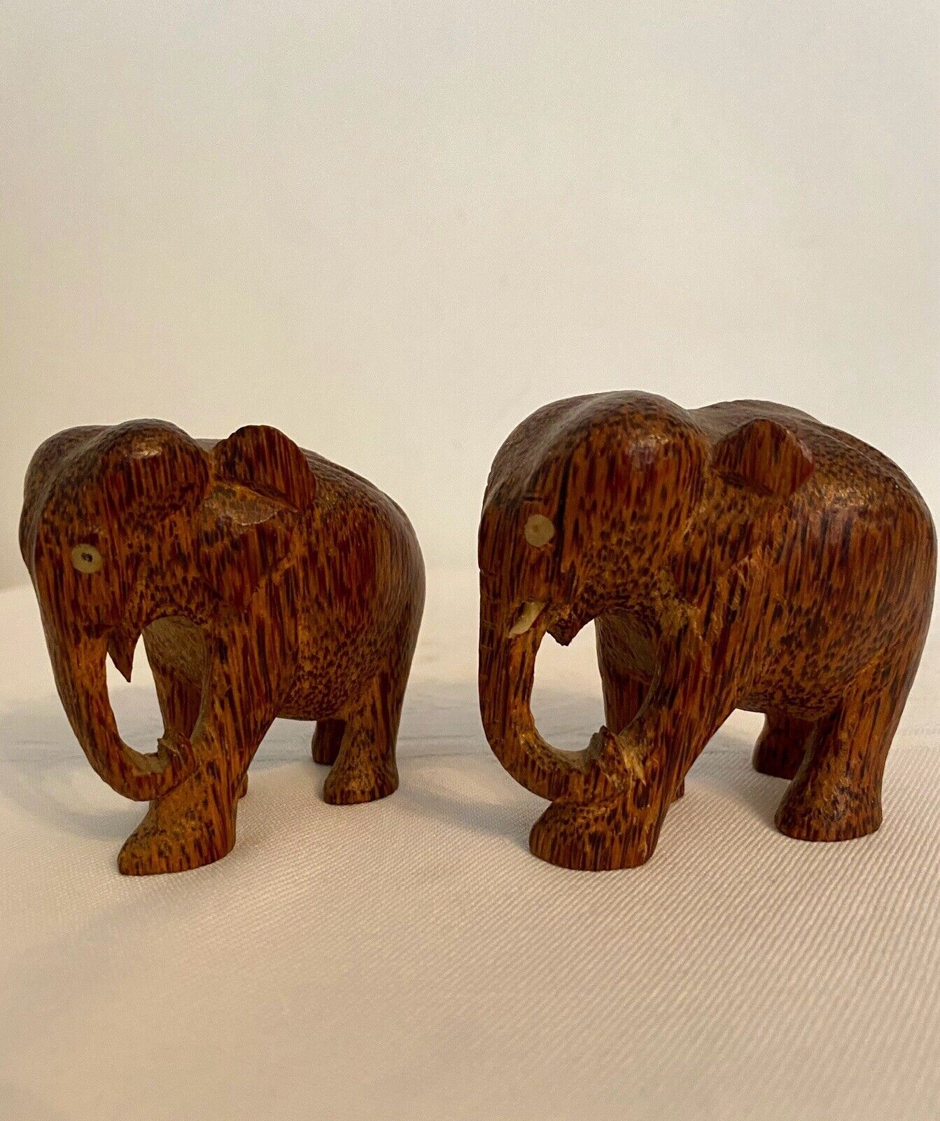 Vintage Hand Carved Wood Elephant Mini Figurines Sculpture Unique 3” Set Of 2