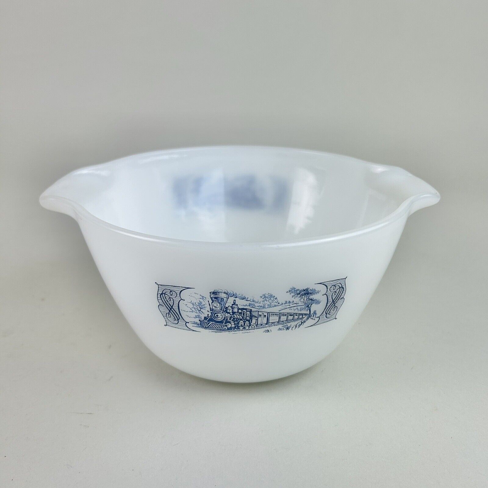 Vintage Currier and Ives Nesting Mixing Bowl - White Blue Train 7.5” Diameter