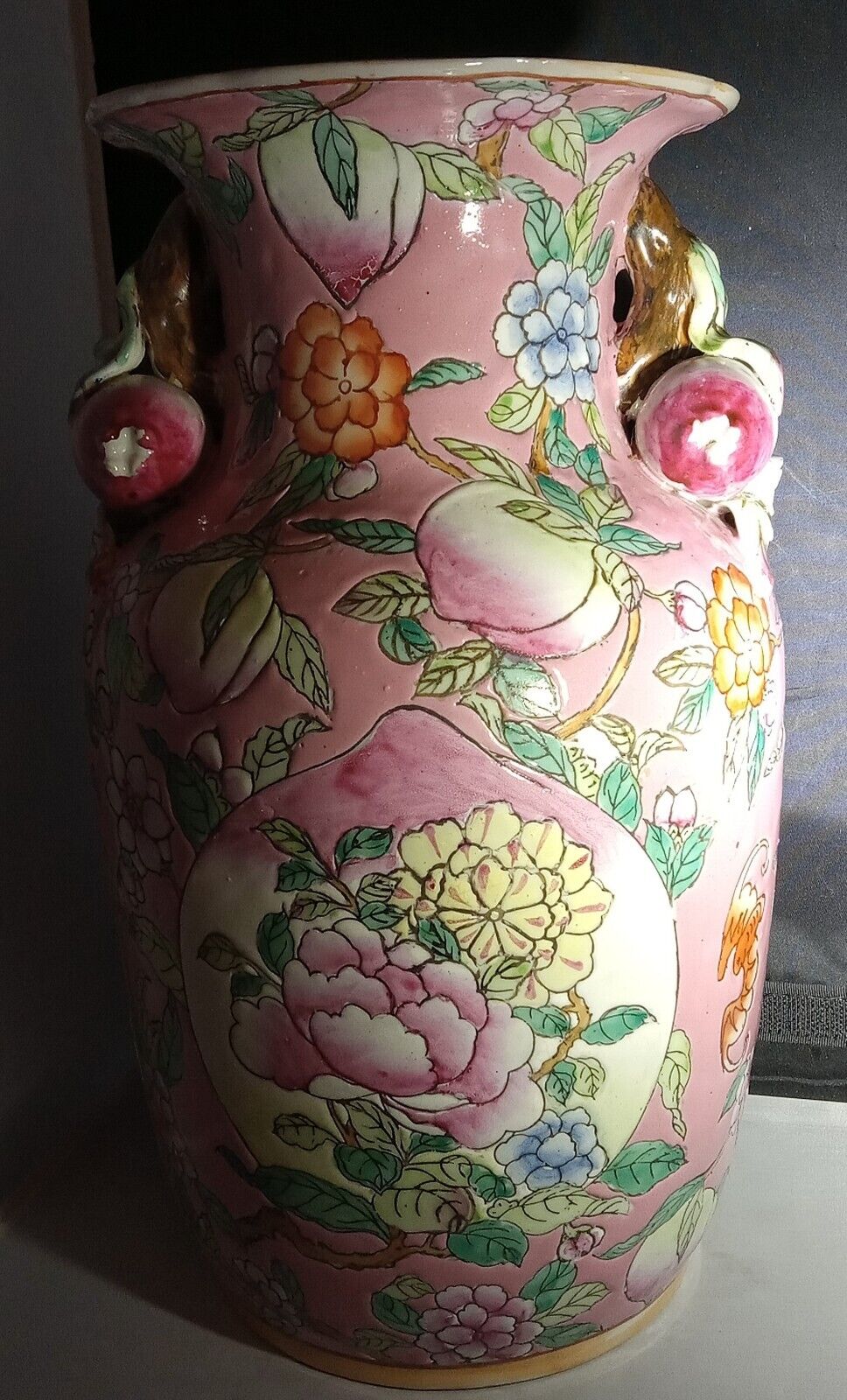 Vintage Chinese Chinoiserie Pomegranate Handle Vases, 12”