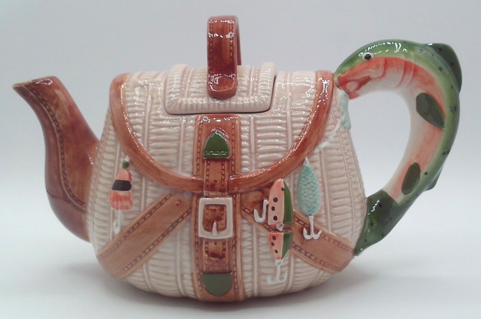 Midwest Importers Ceramic Teapot Fishing Creel Shape Fish Handle