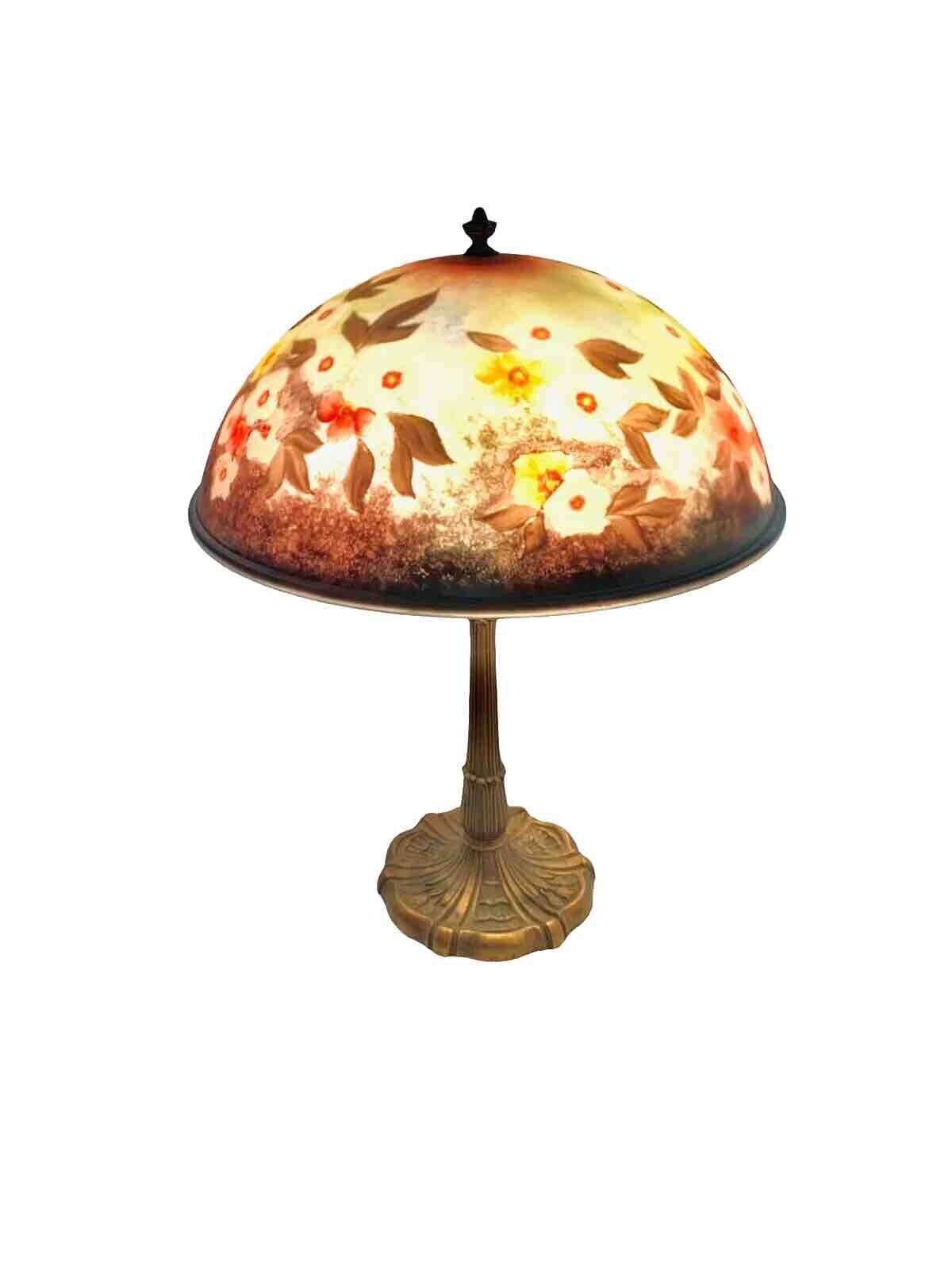 Antique Lamp Reverse Painted Flower Glass Shade Handel Design Tiffany Style