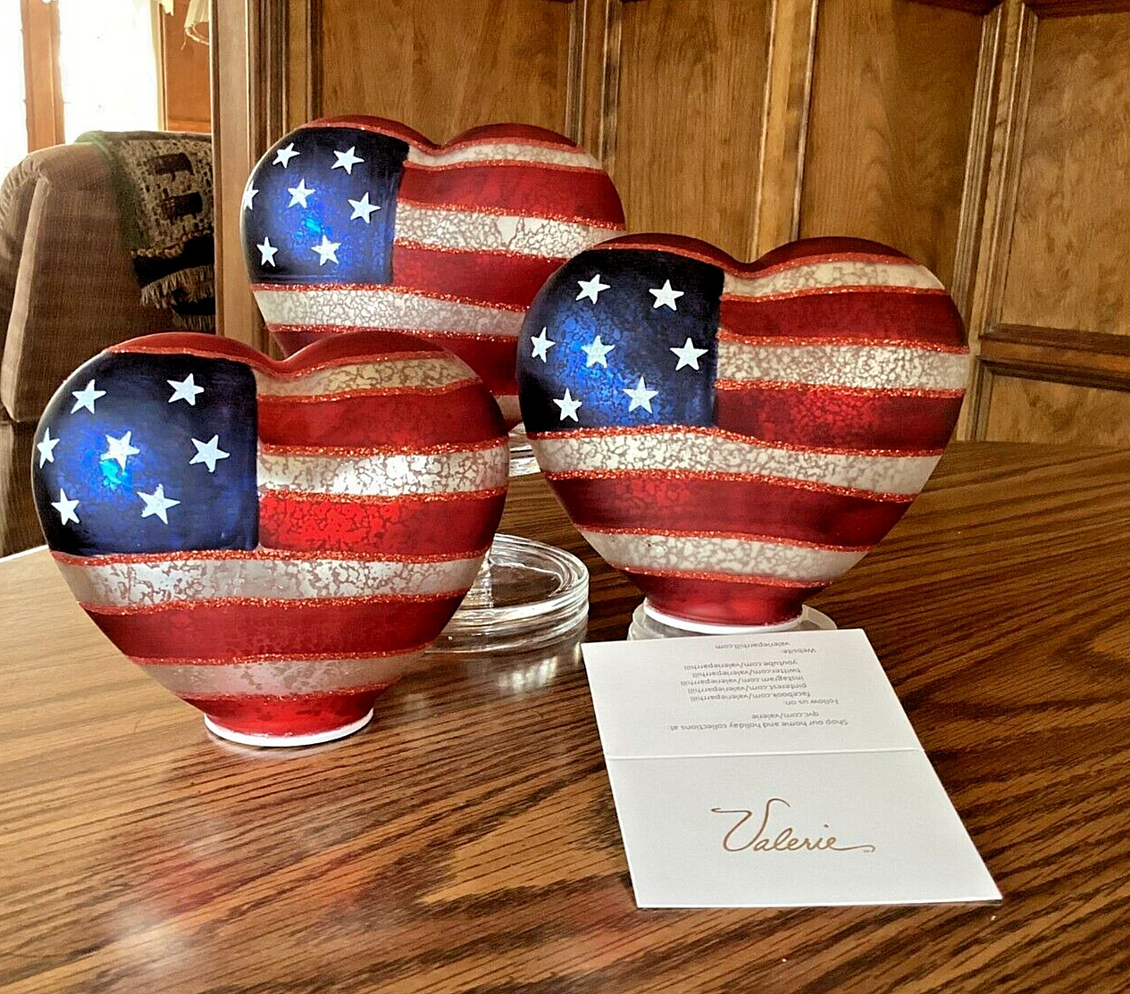 Patriotic Illuminated Mercury Glass Hearts By Valerie New In Box ~ 