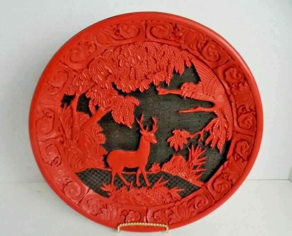 Red Cinnabar Lacquered Chinese 11.75 Diameter Round Carved Plate Vintage EUC
