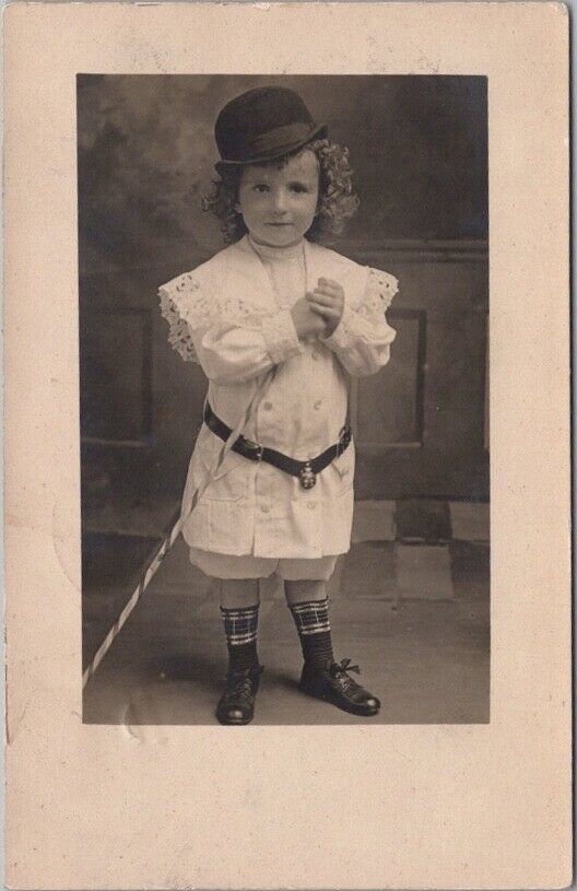1909 Studio RPPC Photo Postcard Cute Little Girl in Bowler Hat / Kansas Cancel