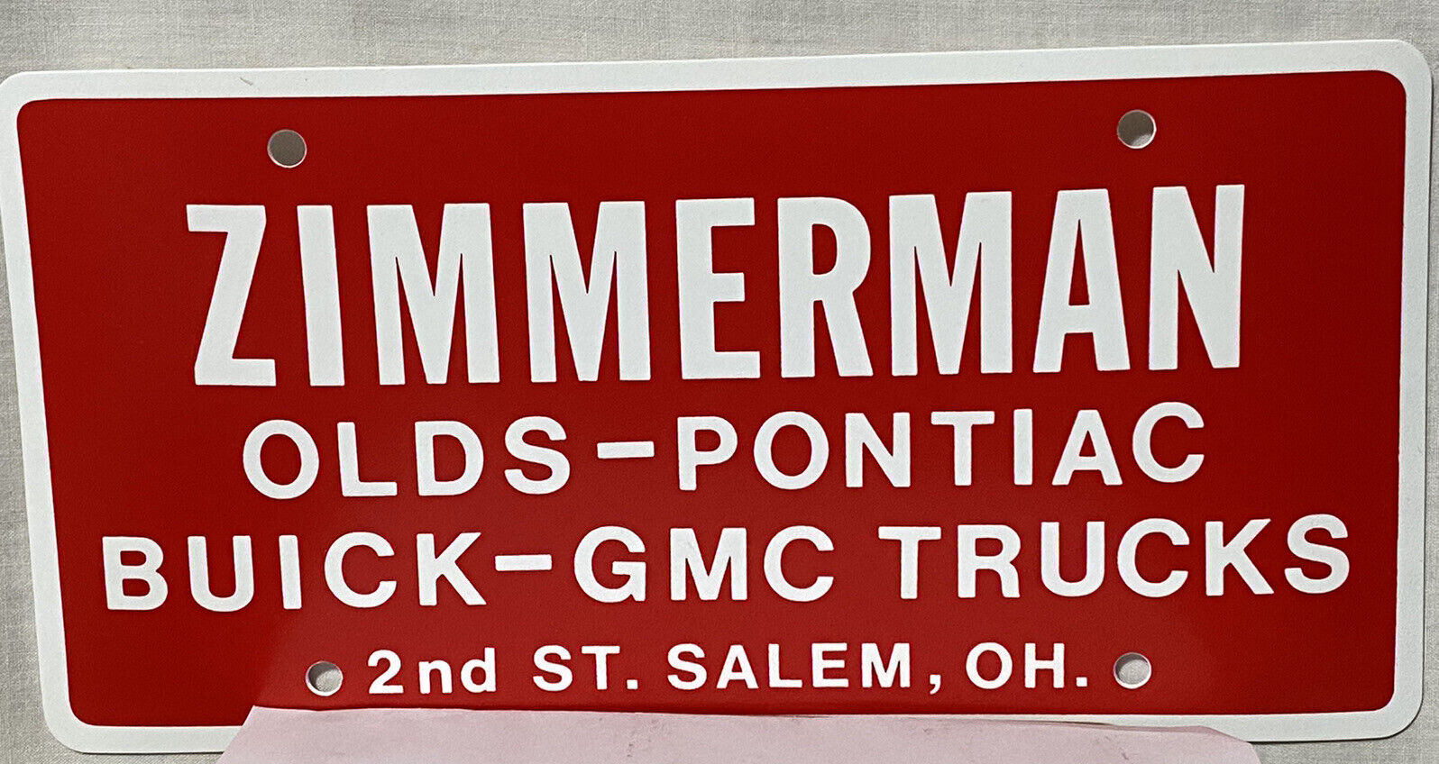 Vintage Zimmerman Dealer Logo License Plate Olds, Pontiac, Buick GMC Trucks