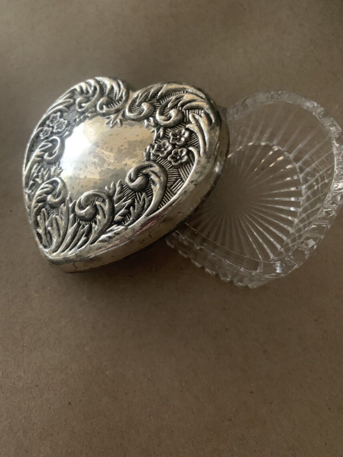 Vintage Glass heart shaped Jewelry Box with Silver Plated Lid
