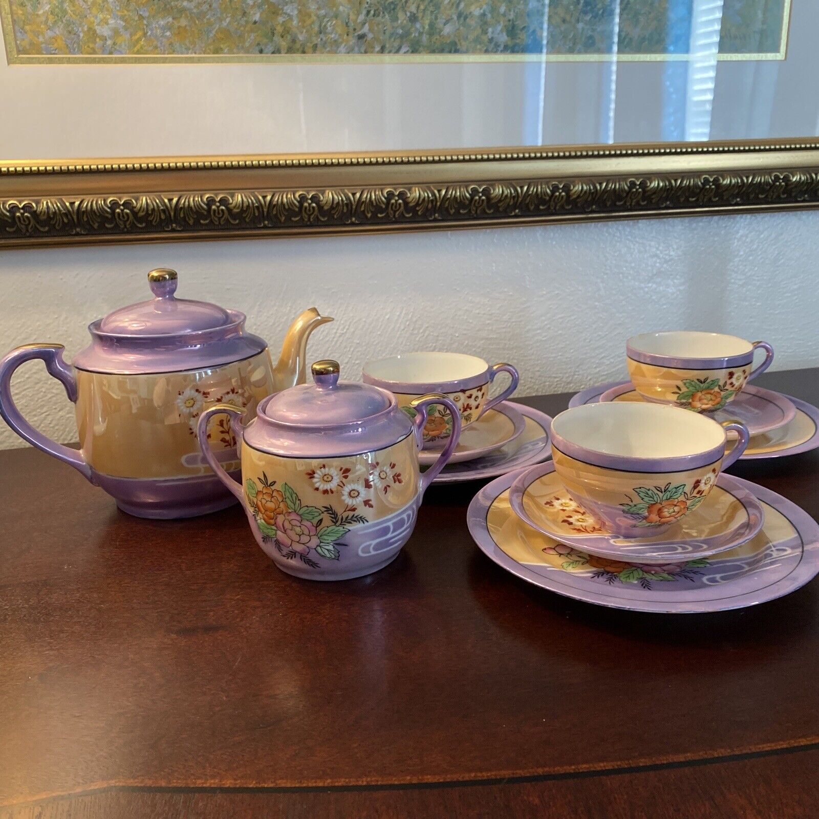 Vintage Japan Chikaramachi Lusterware  Floral Teapot/service For 3 Art Deco 30’s