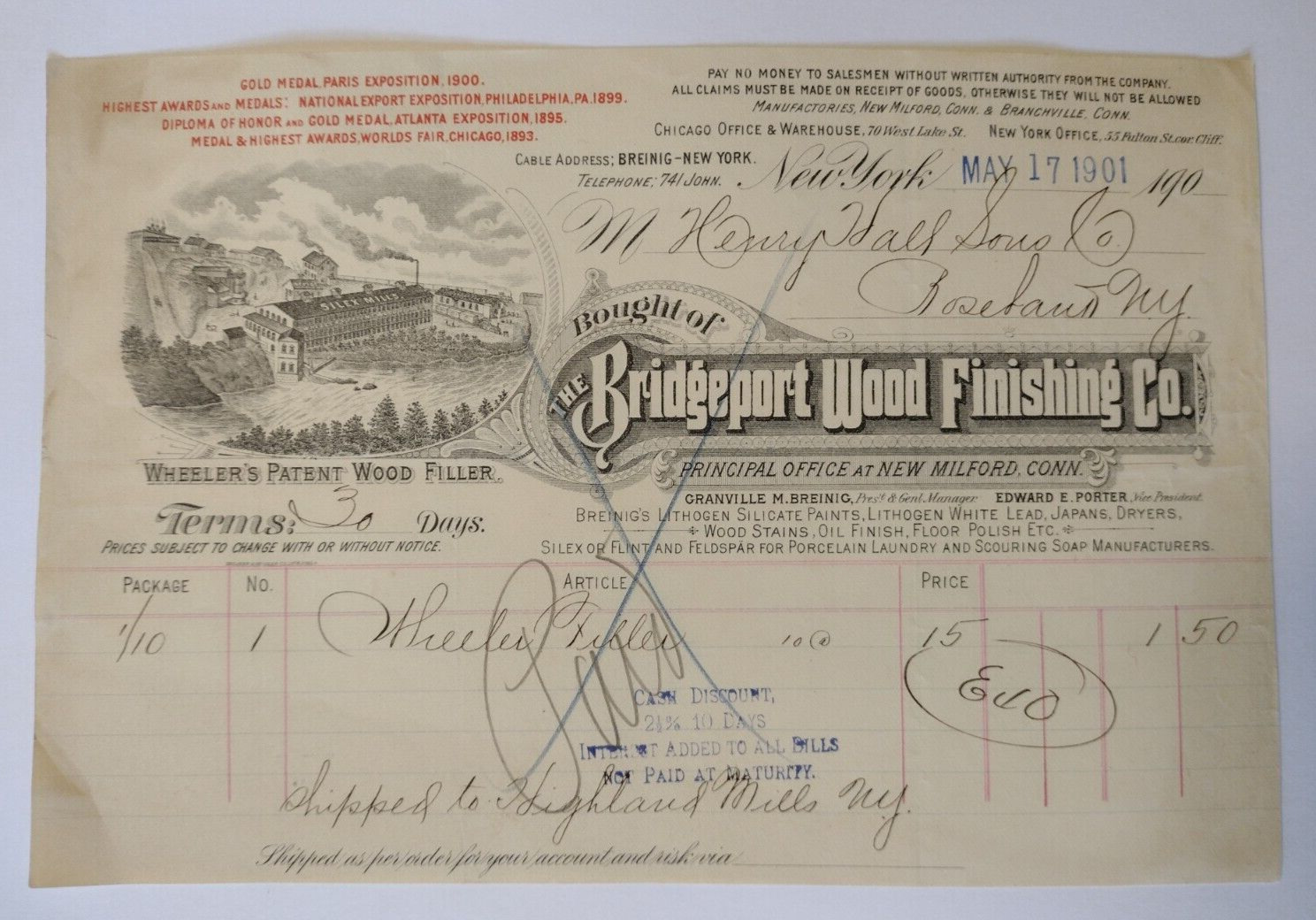 1901 Bridgeport Wood Finishing Co. Invoice Bill Receipt New Milford, Connecticut