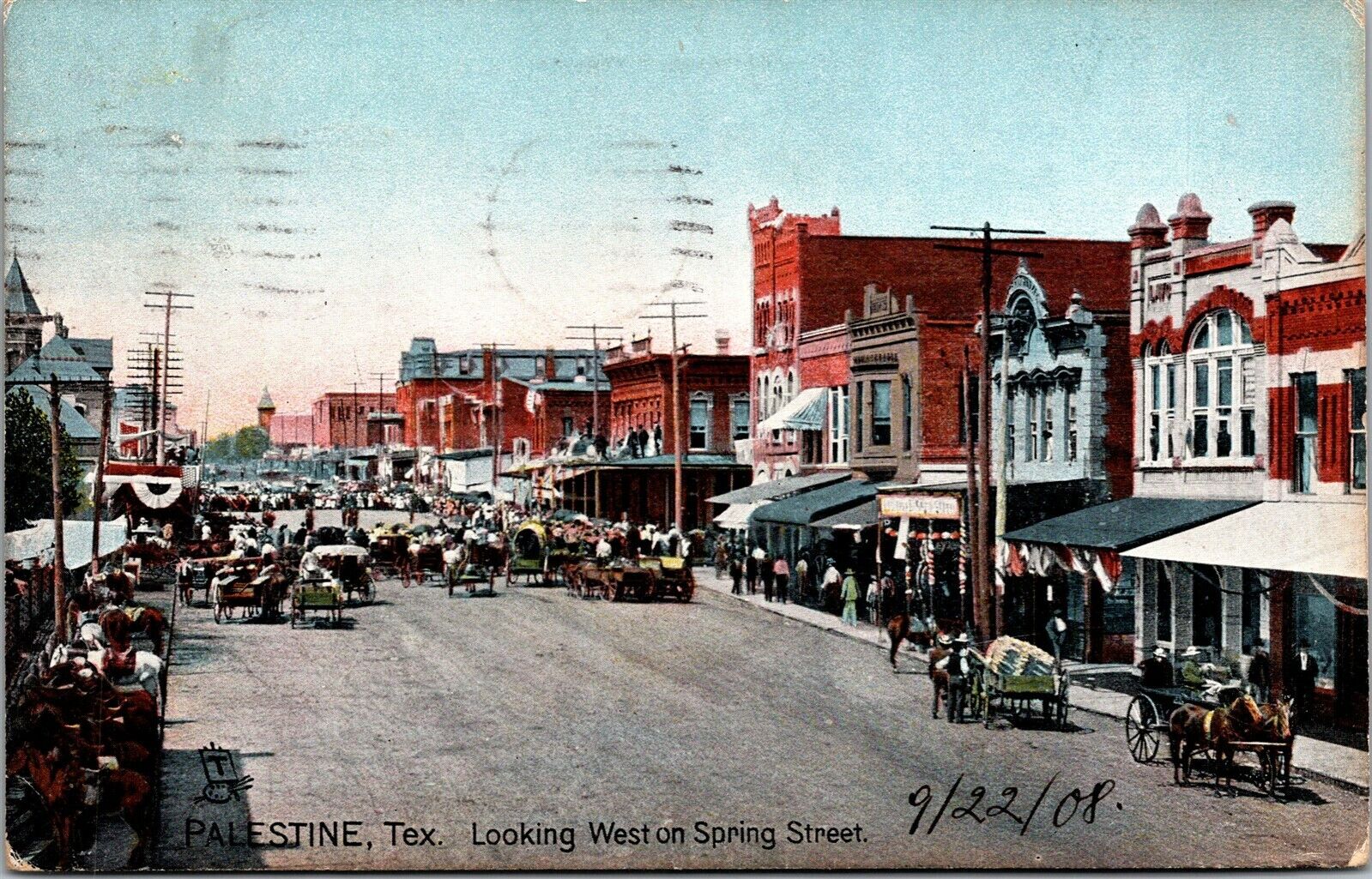 Vtg Palestine Texas TX Spring Street View Looking West 1908 Tuck Postcard