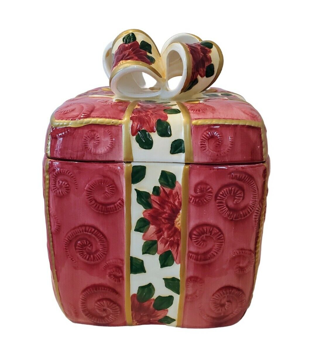 World Bazaars Christmas Red/Gold Poinsettia Gift With Bow Ceramic Cookie Jar 9