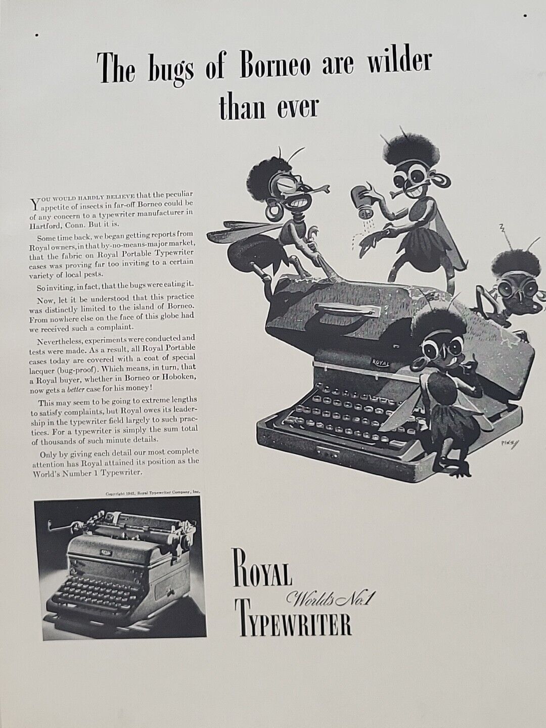 1942 Royal Typewriter  Fortune WW2 Print Ad Q1 Bugs of Borneo