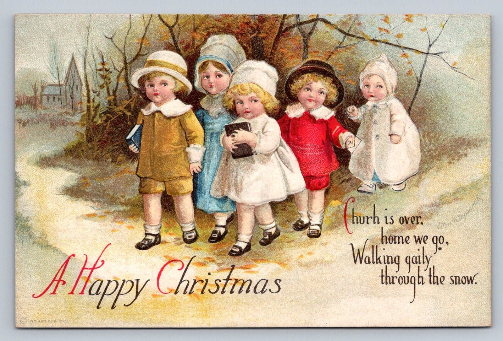 Postcard Christmas Children Walking Church A/S Clapsaddle Unposted E017
