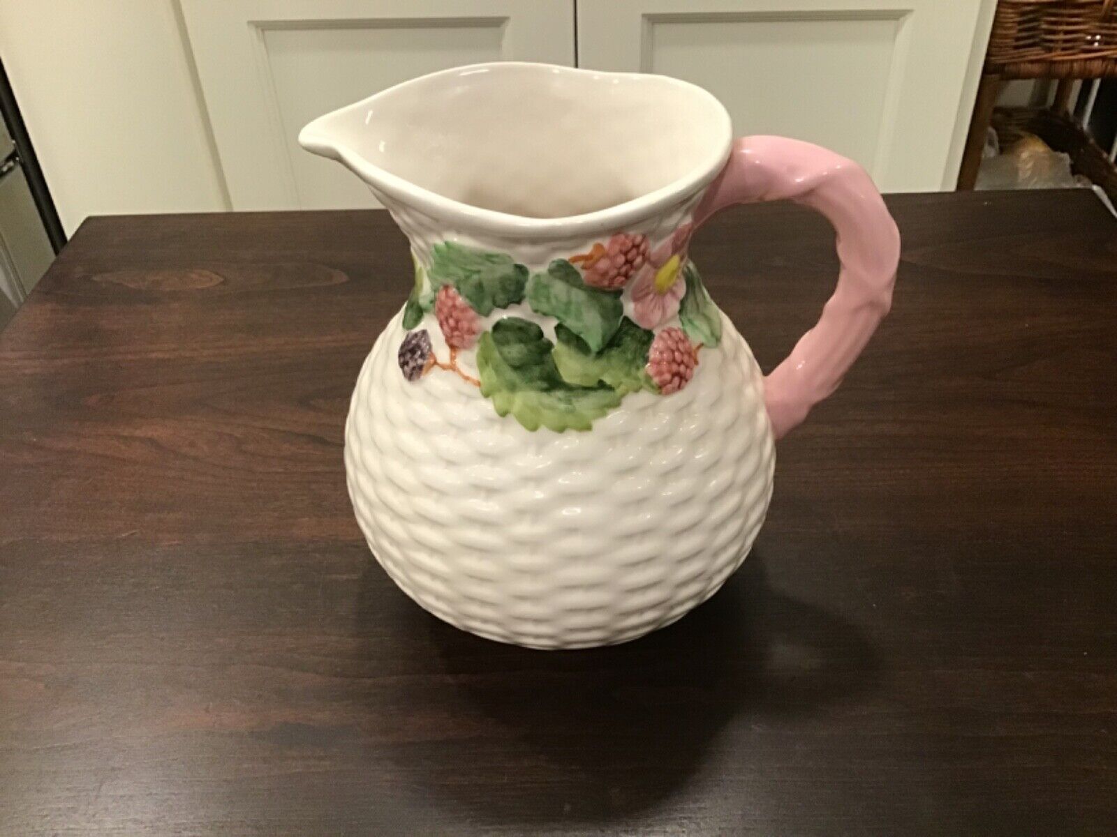 Berries Vintage ceramic pitcher, embossed raspberries/blackberries, basket weave