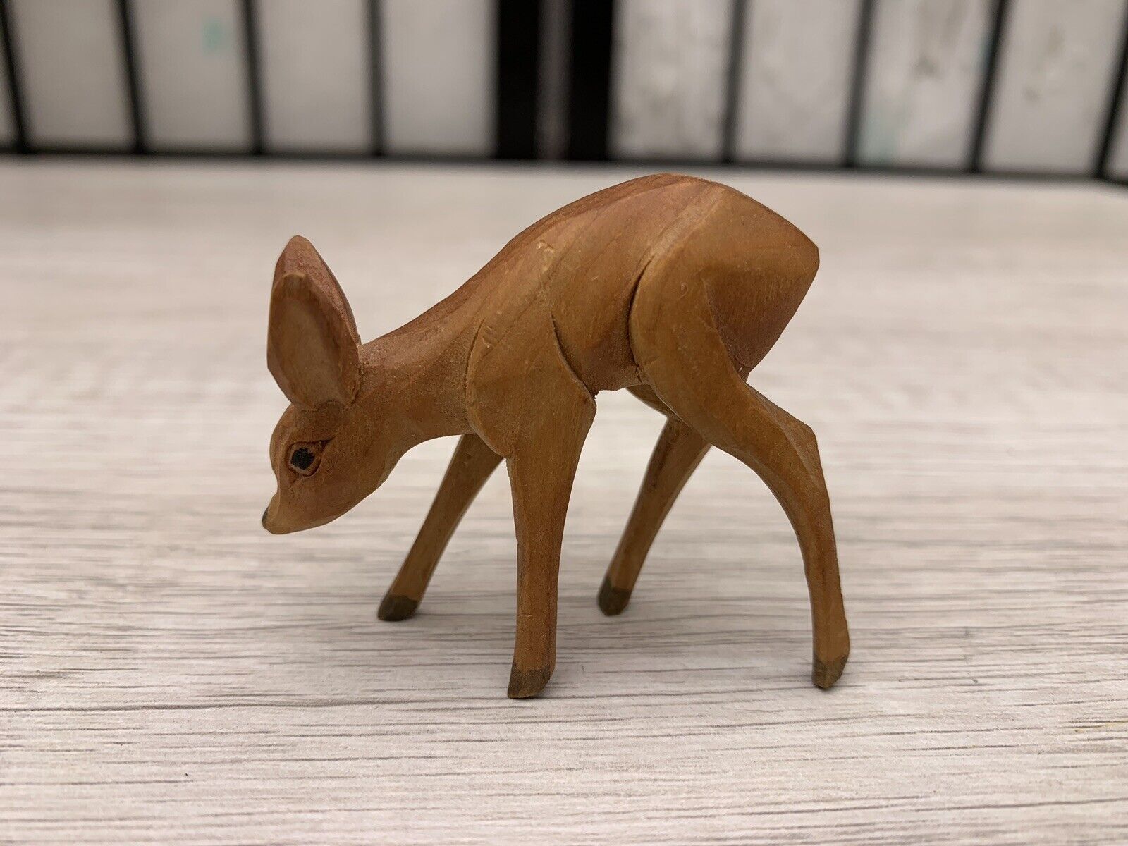 Vintage Handcarved Baby Fawn Deer Wooden Carving Miniature Tiny Figurine Brown