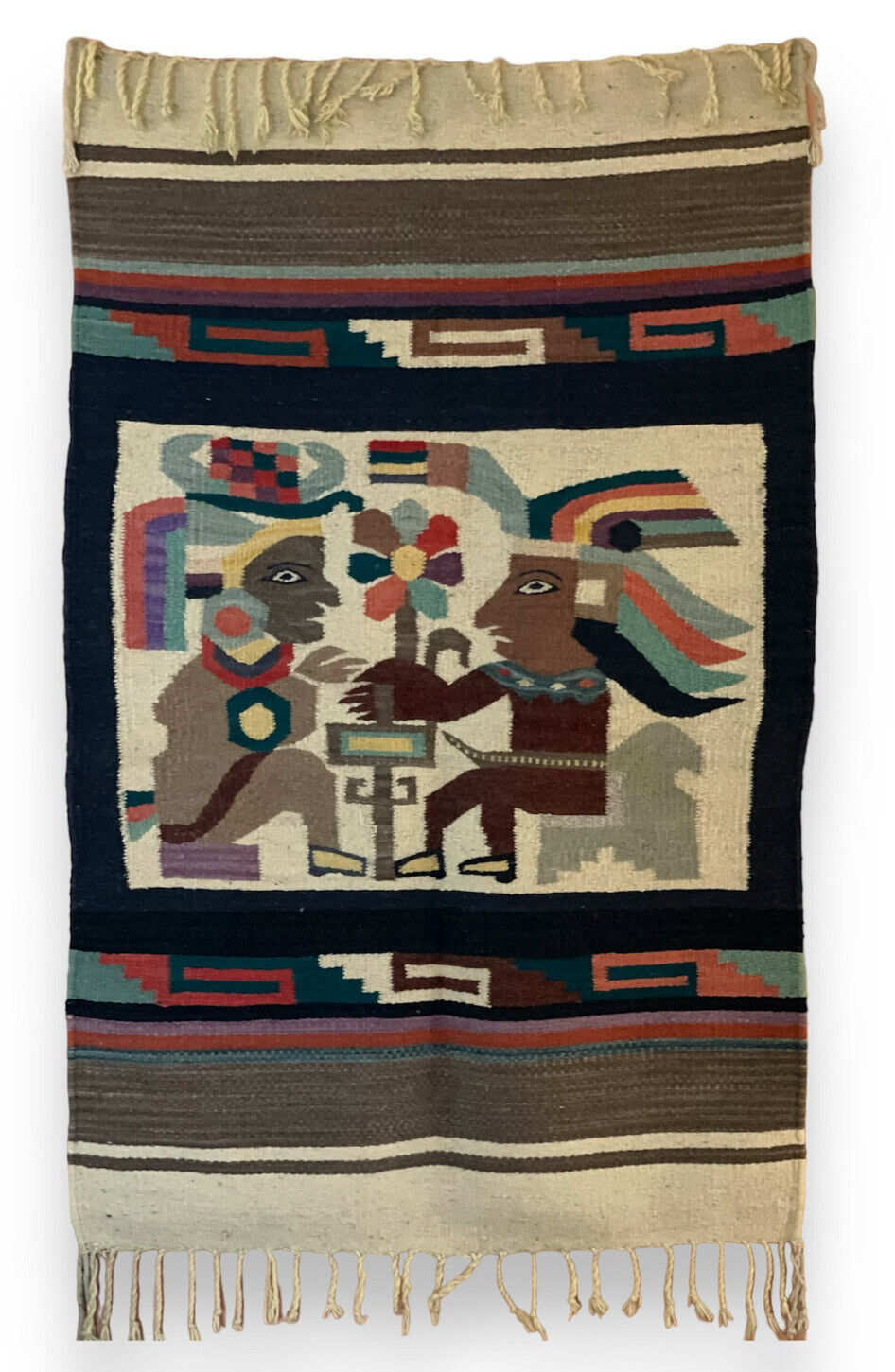 Large Vintage Hand Woven Zapotec Indian Mexican Wool Rug Oaxaca Wall Hanging MCM